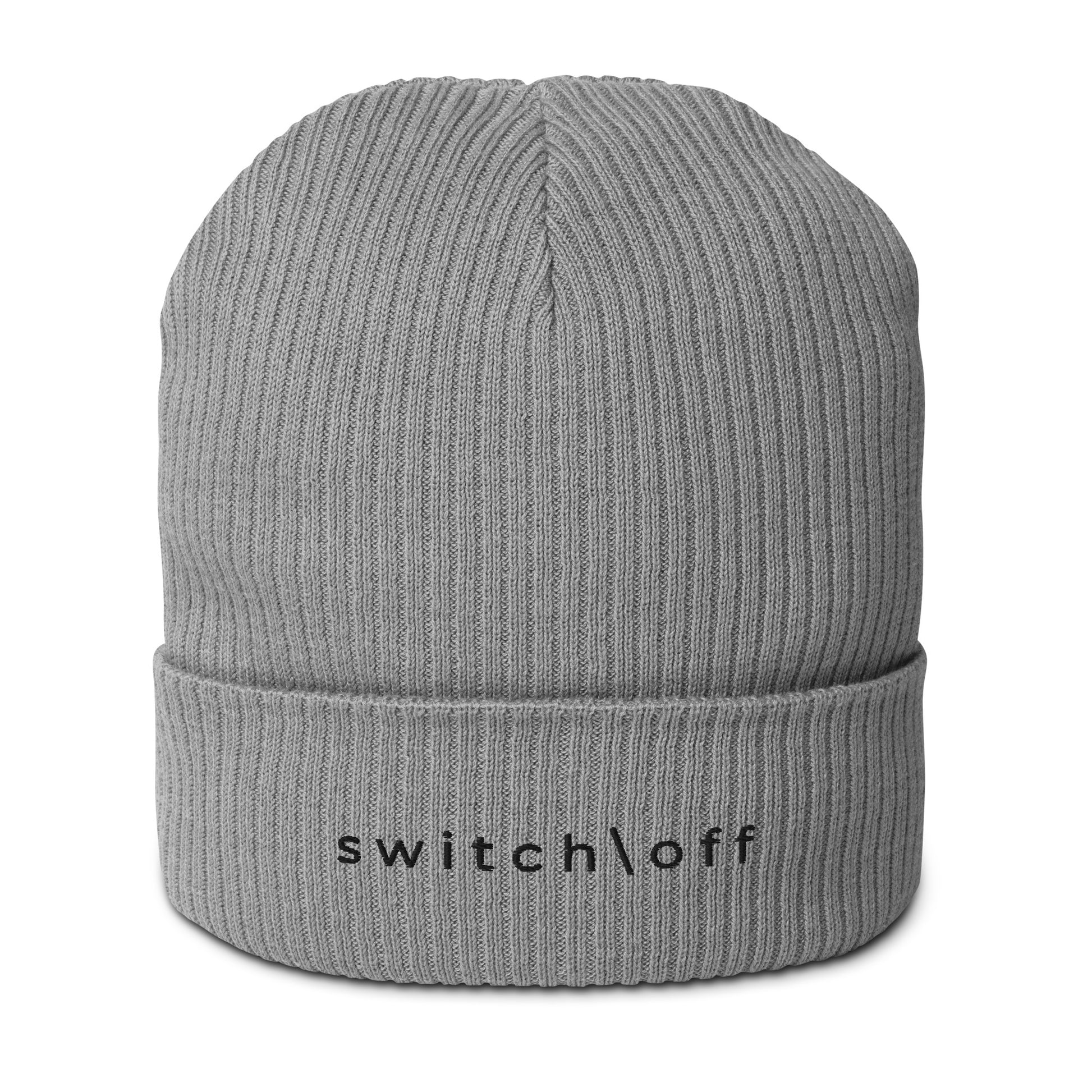 Organic cuffed ribbed beanie in gray with black switch\off embroidery - An Athlete Trains recovery gear.