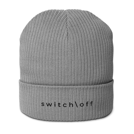 Organic cuffed ribbed beanie in gray with black switch\off embroidery - An Athlete Trains recovery gear.