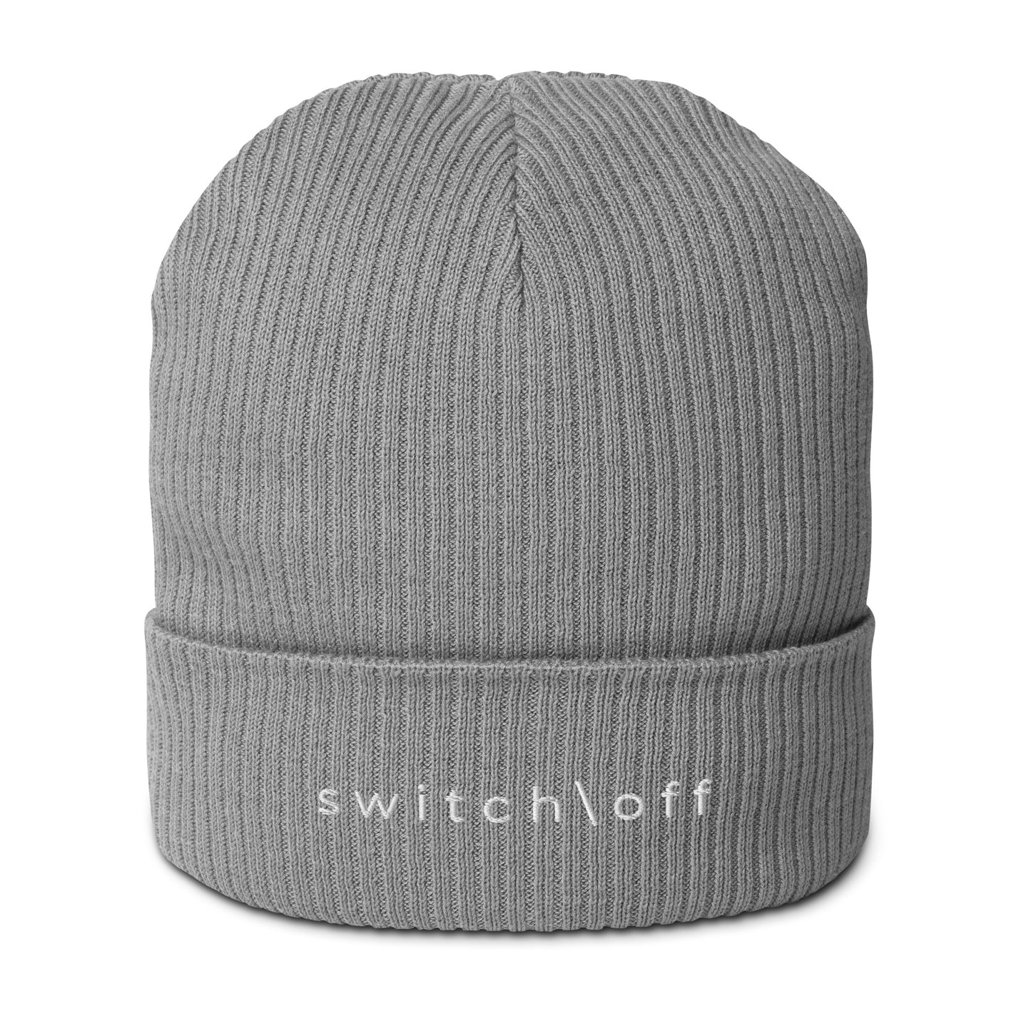 Organic cuffed ribbed beanie in gray with white switch\off embroidery - An Athlete Trains recovery gear.