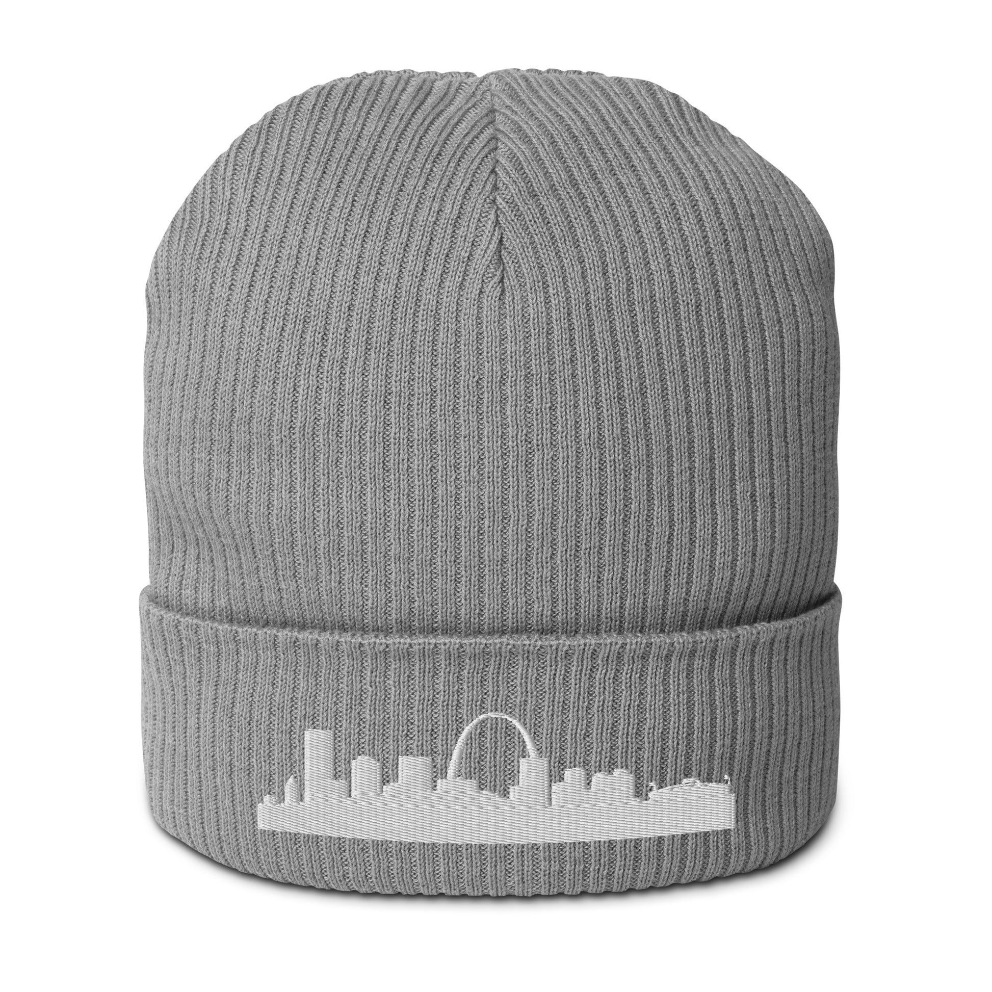St. Louis Edition Organic Ribbed Beanie in gray with premium white embroidery | Our City | An Athlete Trains