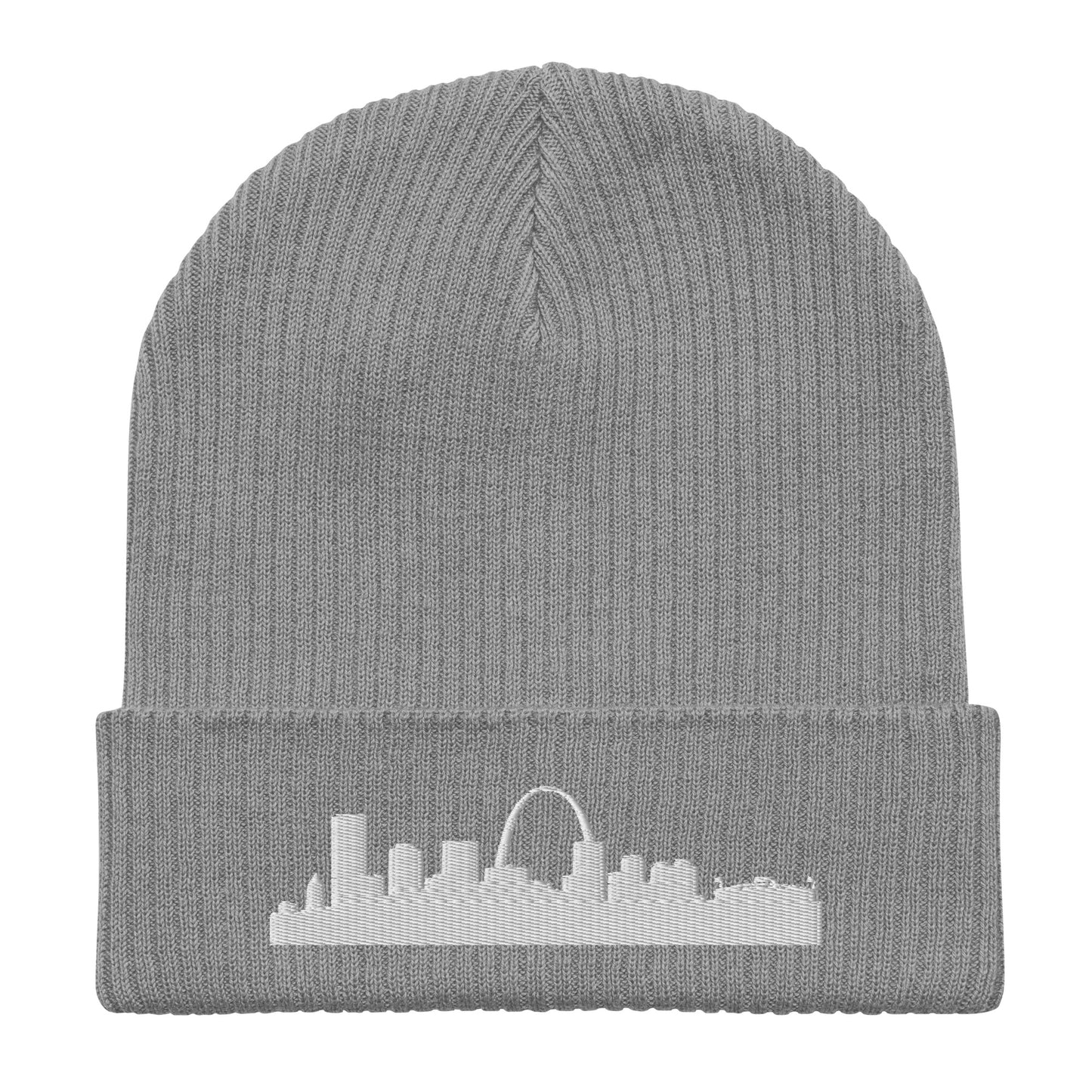 St. Louis Edition Organic Ribbed Beanie in gray with premium white embroidery | Our City | An Athlete Trains