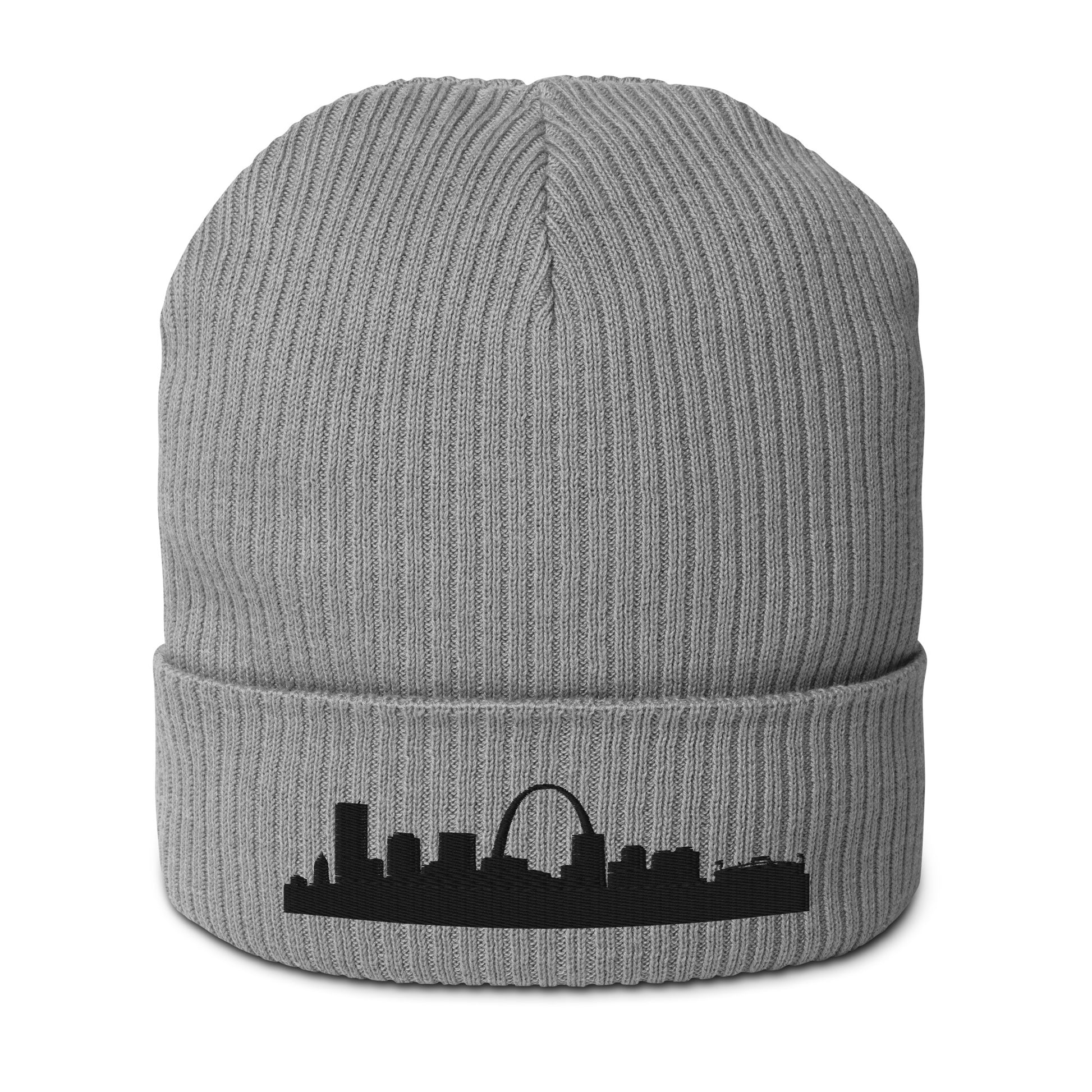 St. Louis Edition Organic Ribbed Beanie in gray with premium black embroidery | Our City | An Athlete Trains
