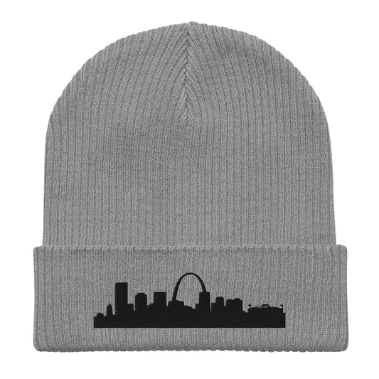 St. Louis Edition Organic Ribbed Beanie in gray with premium black embroidery | Our City | An Athlete Trains