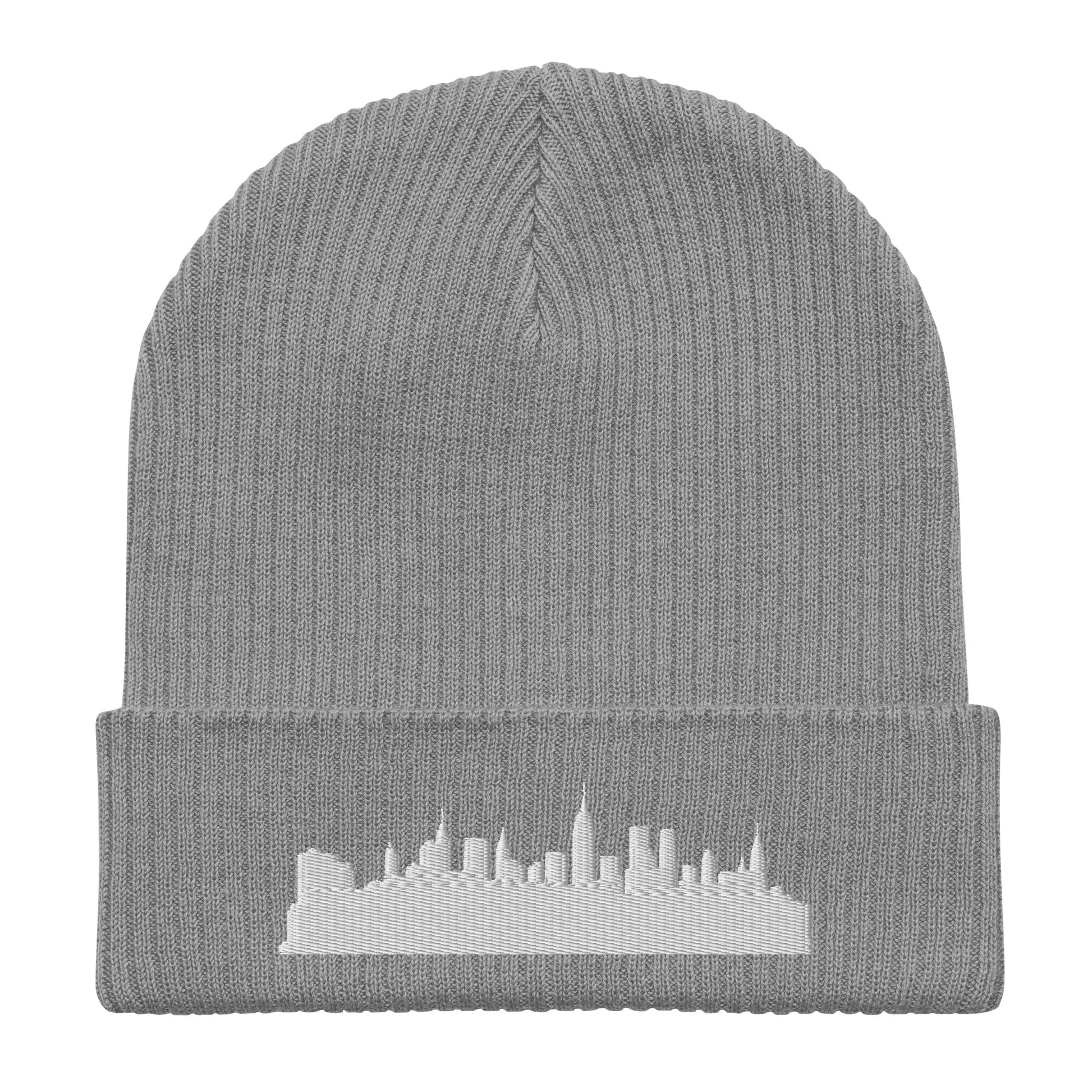 New York Edition Organic Ribbed Beanie in gray with premium white embroidery | Our City | An Athlete Trains