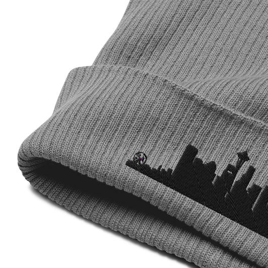 Seattle Edition Organic Ribbed Beanie in gray with premium black embroidery | Our City | An Athlete Trains