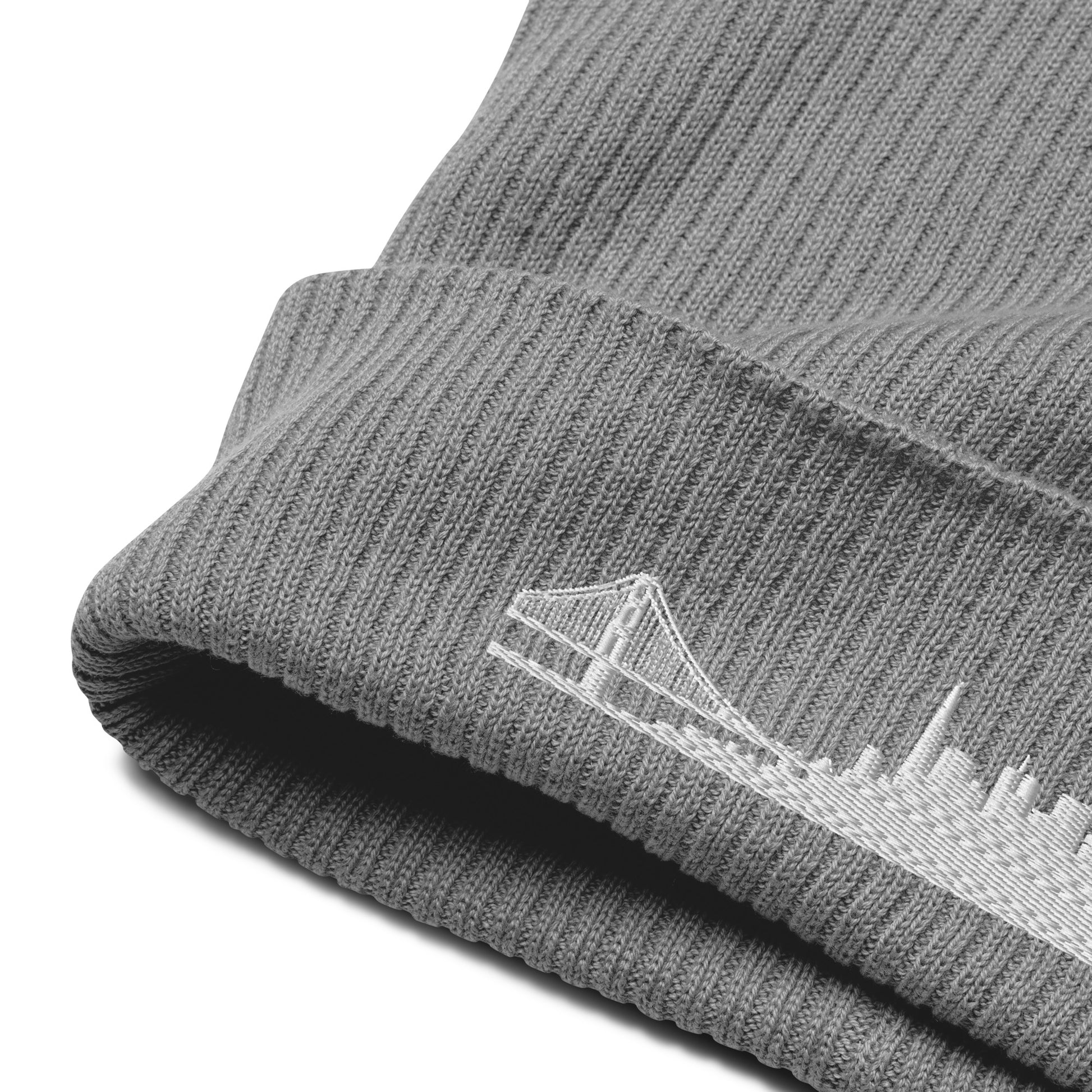 San Francisco Edition Organic Ribbed Beanie in gray with premium white embroidery | Our City | An Athlete Trains