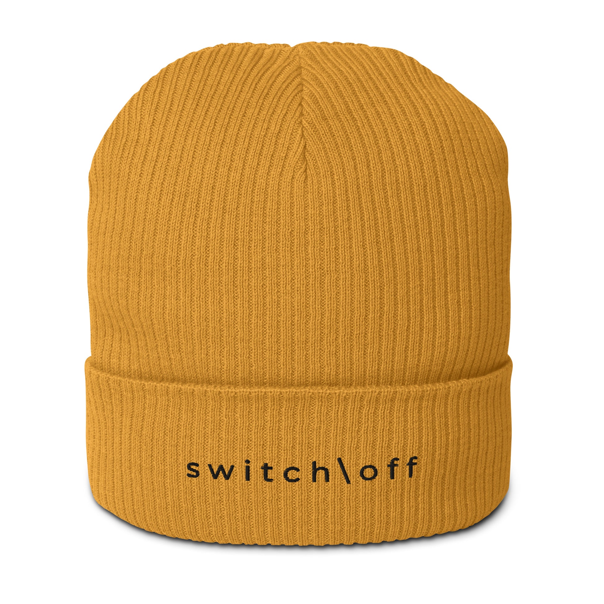 Organic cuffed ribbed beanie in mustard yellow with black switch\off embroidery - An Athlete Trains recovery gear.