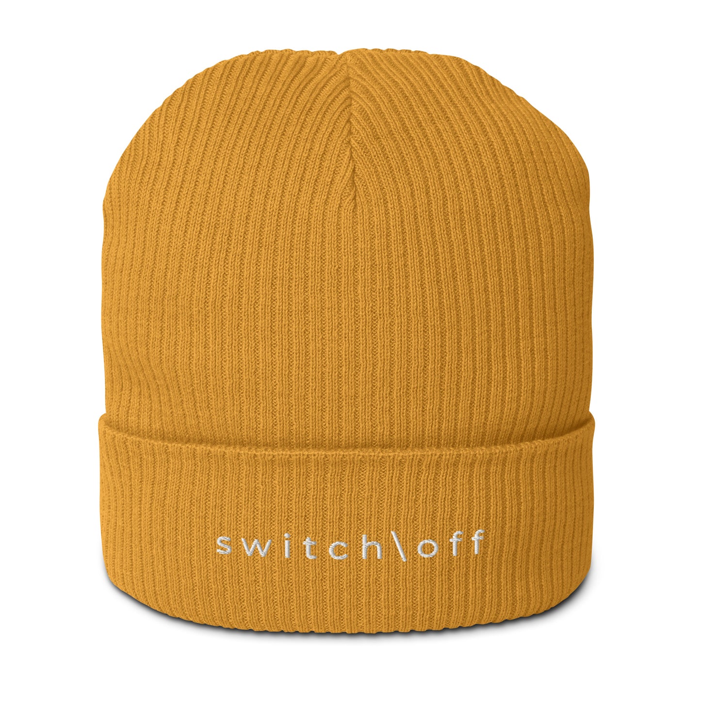 Organic cuffed ribbed beanie in mustard yellow with white switch\off embroidery - An Athlete Trains recovery gear.
