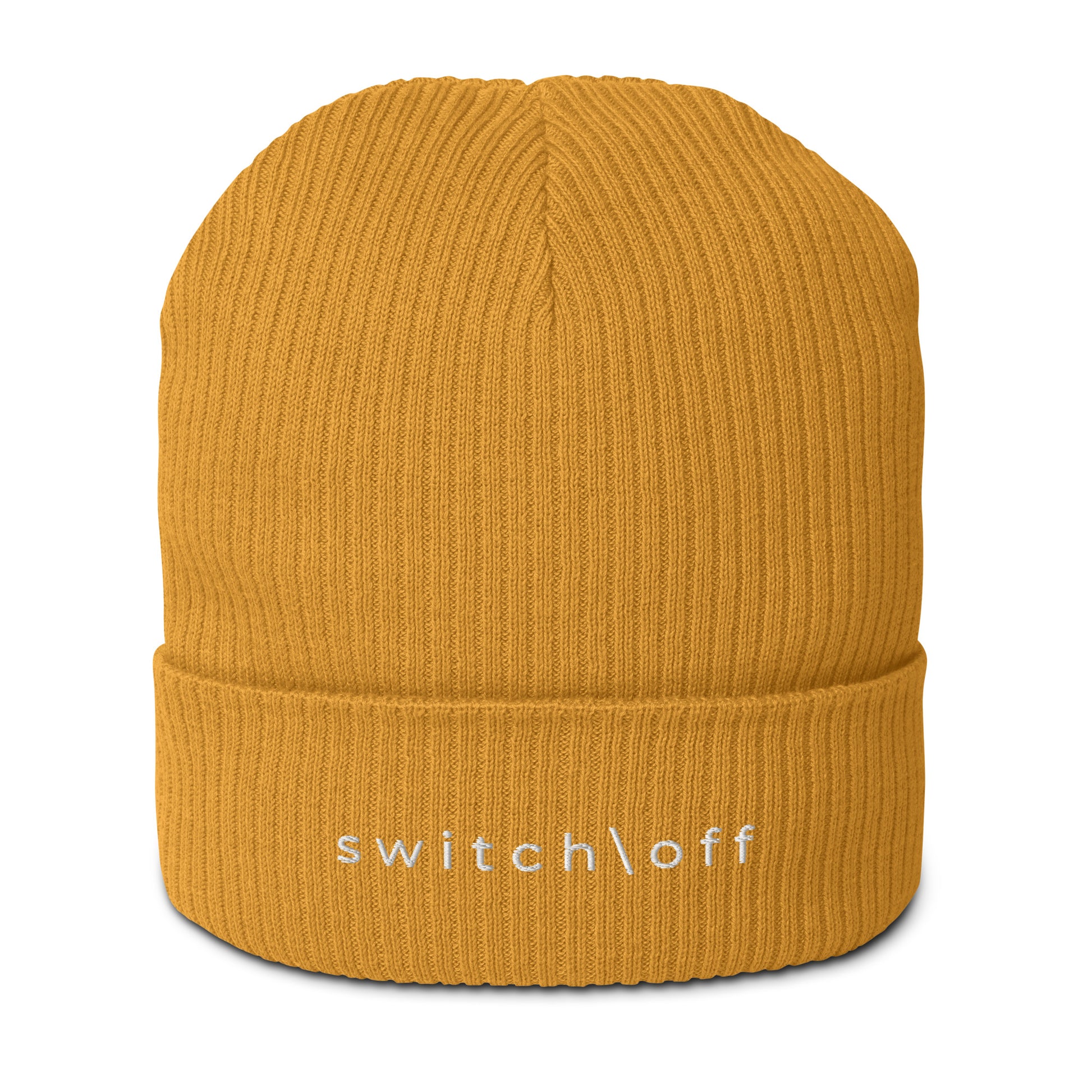 Organic cuffed ribbed beanie in mustard yellow with white switch\off embroidery - An Athlete Trains recovery gear.
