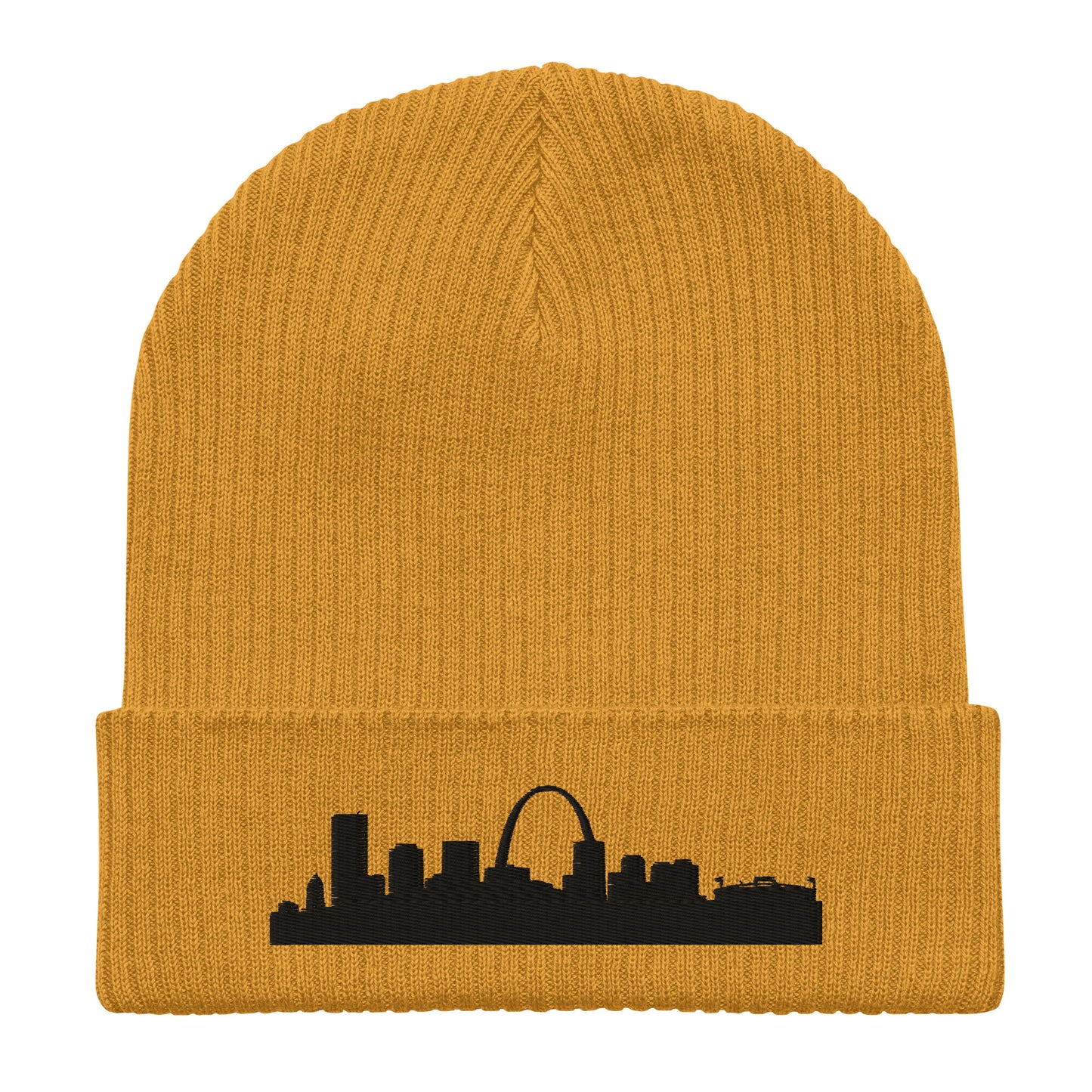 St. Louis Edition Organic Ribbed Beanie in mustard yellow with premium black embroidery | Our City | An Athlete Trains