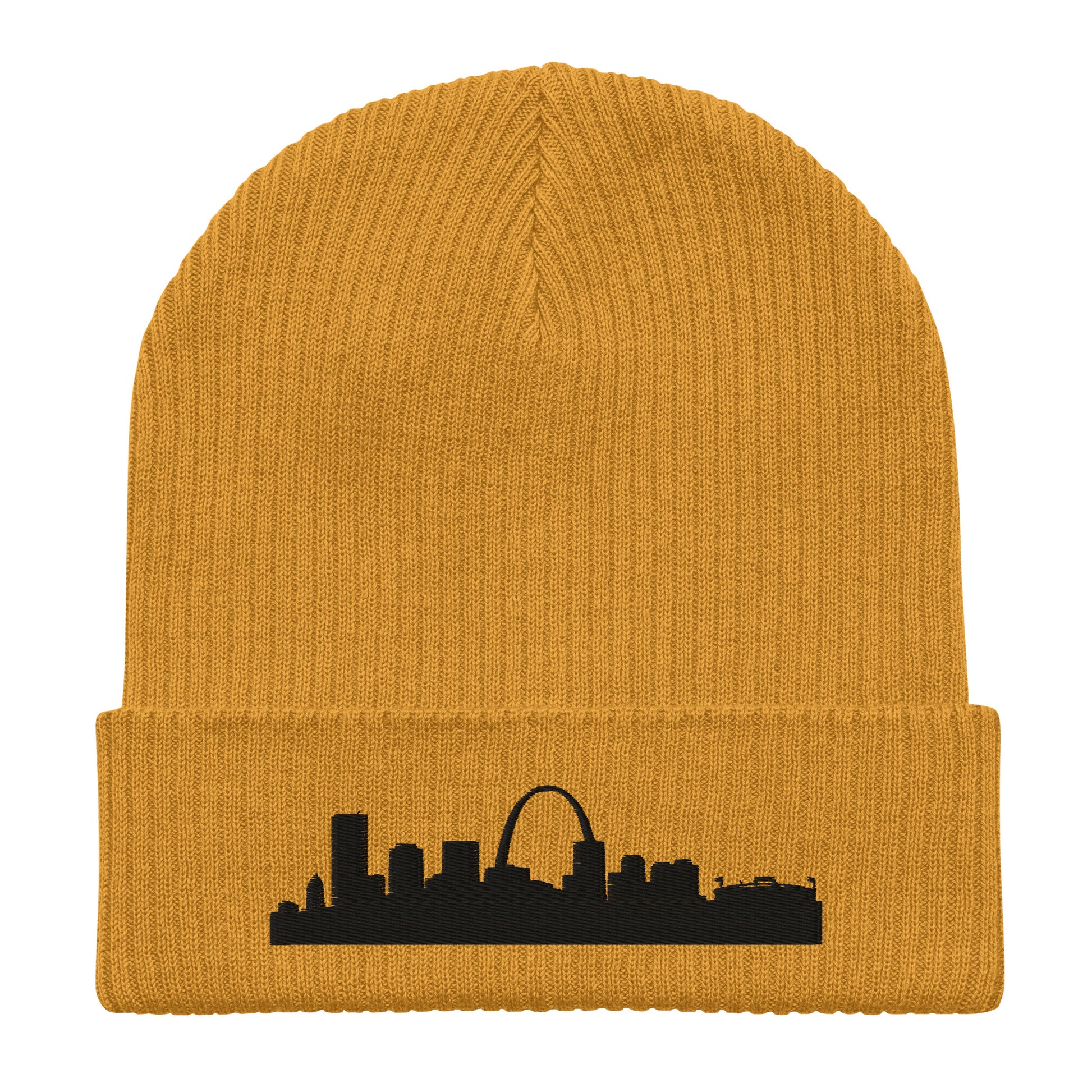 St. Louis Edition Organic Ribbed Beanie in mustard yellow with premium black embroidery | Our City | An Athlete Trains