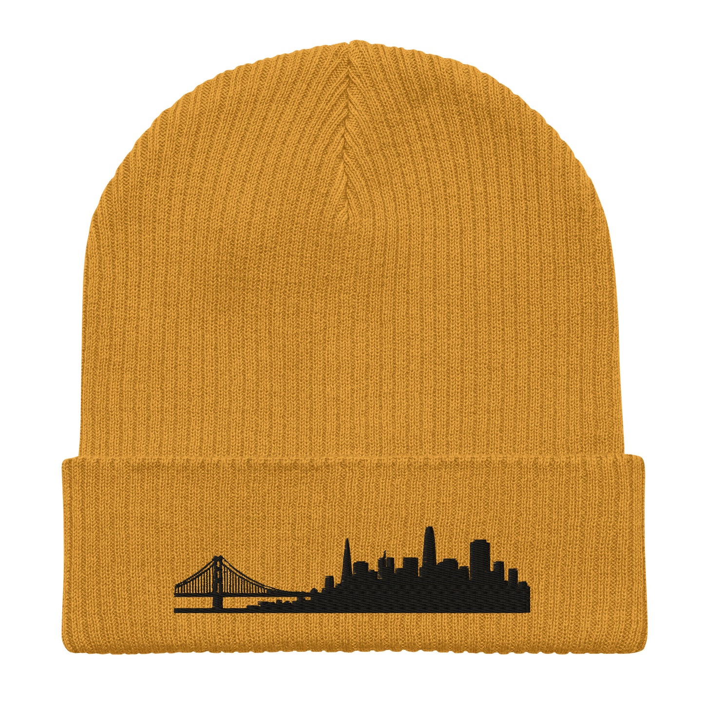 San Francisco Edition Organic Ribbed Beanie in mustard yellow with premium black embroidery | Our City | An Athlete Trains