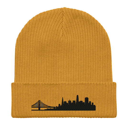 San Francisco Edition Organic Ribbed Beanie in mustard yellow with premium black embroidery | Our City | An Athlete Trains