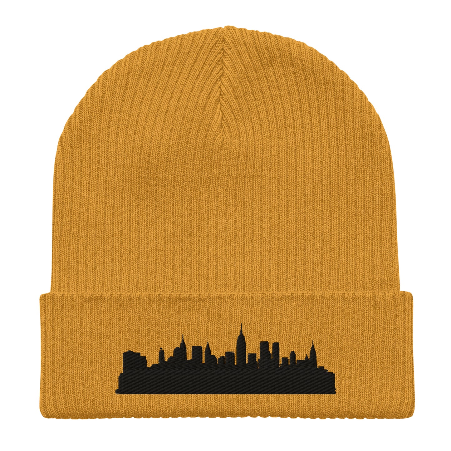 New York Edition Organic Ribbed Beanie in mustard yellow with premium black embroidery | Our City | An Athlete Trains