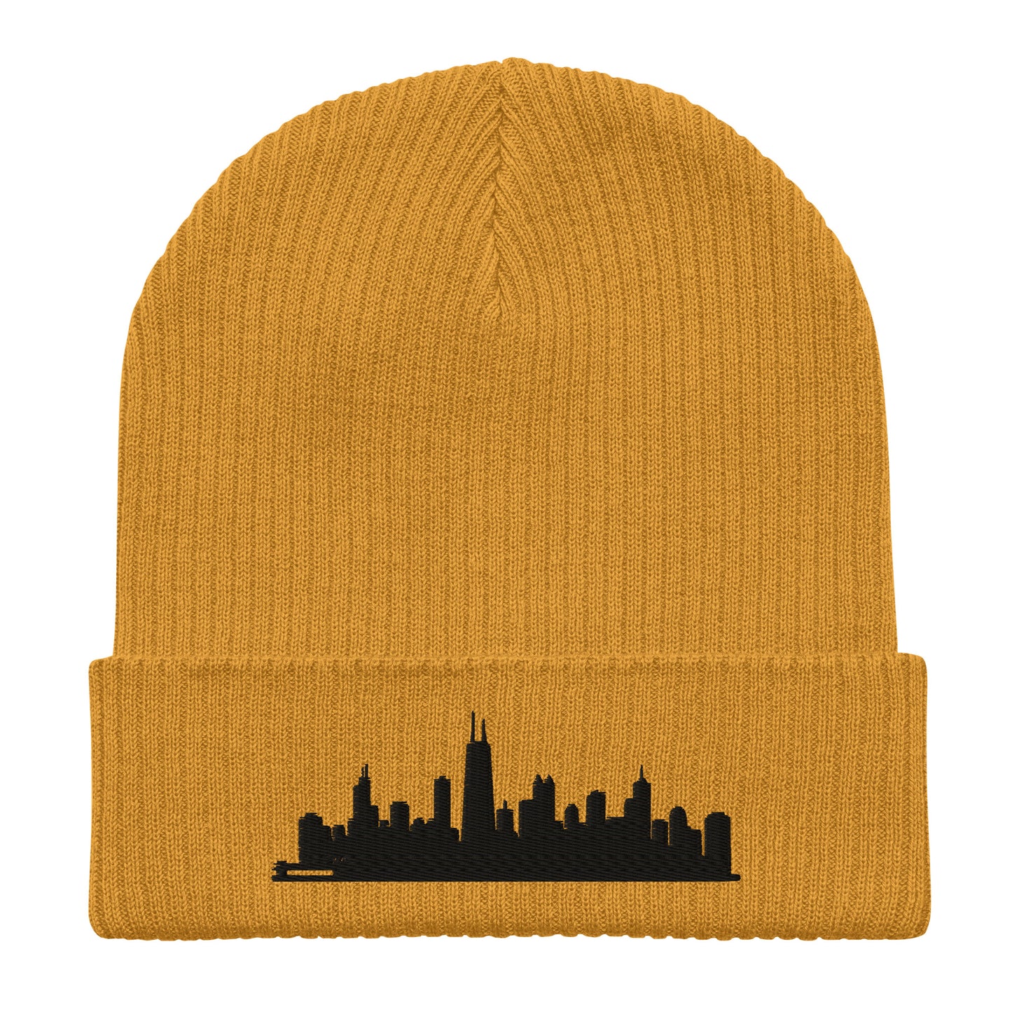 Chicago Edition Organic Ribbed Beanie in mustard yellow with premium black embroidery | Our City | An Athlete Trains