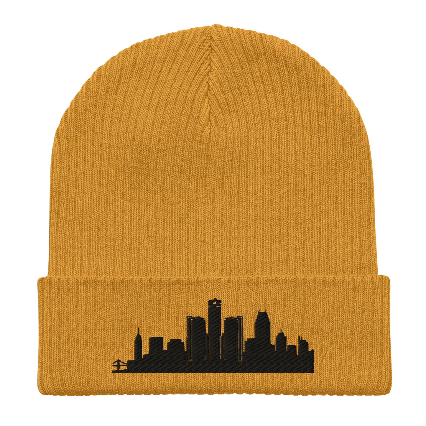 Detroit Edition Organic Ribbed Beanie in mustard yellow with premium black embroidery | Our City | An Athlete Trains