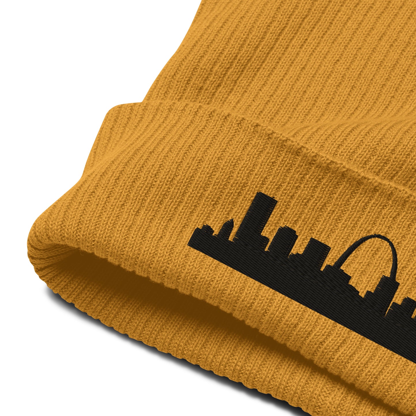 St. Louis Edition Organic Ribbed Beanie in mustard yellow with premium black embroidery | Our City | An Athlete Trains