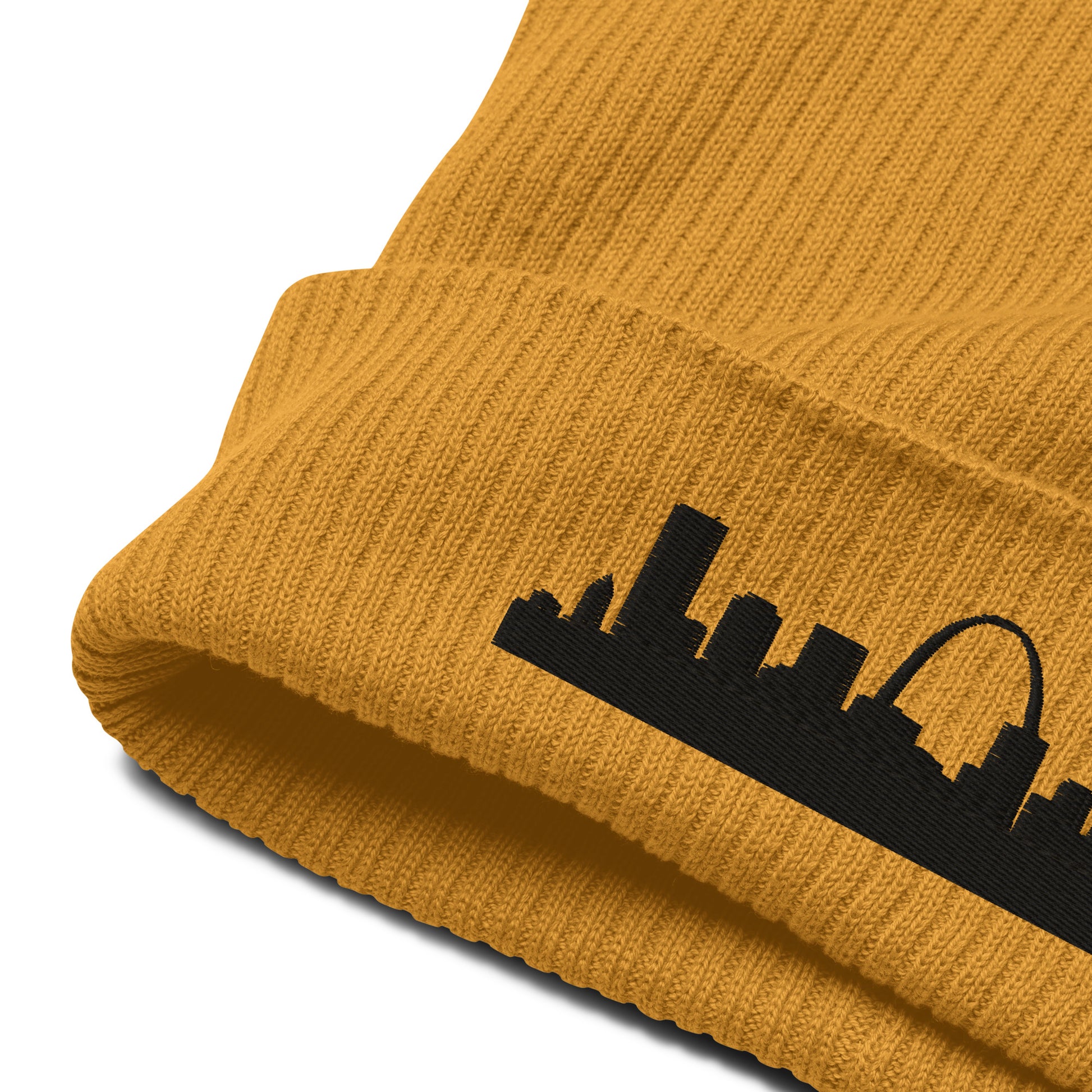 St. Louis Edition Organic Ribbed Beanie in mustard yellow with premium black embroidery | Our City | An Athlete Trains