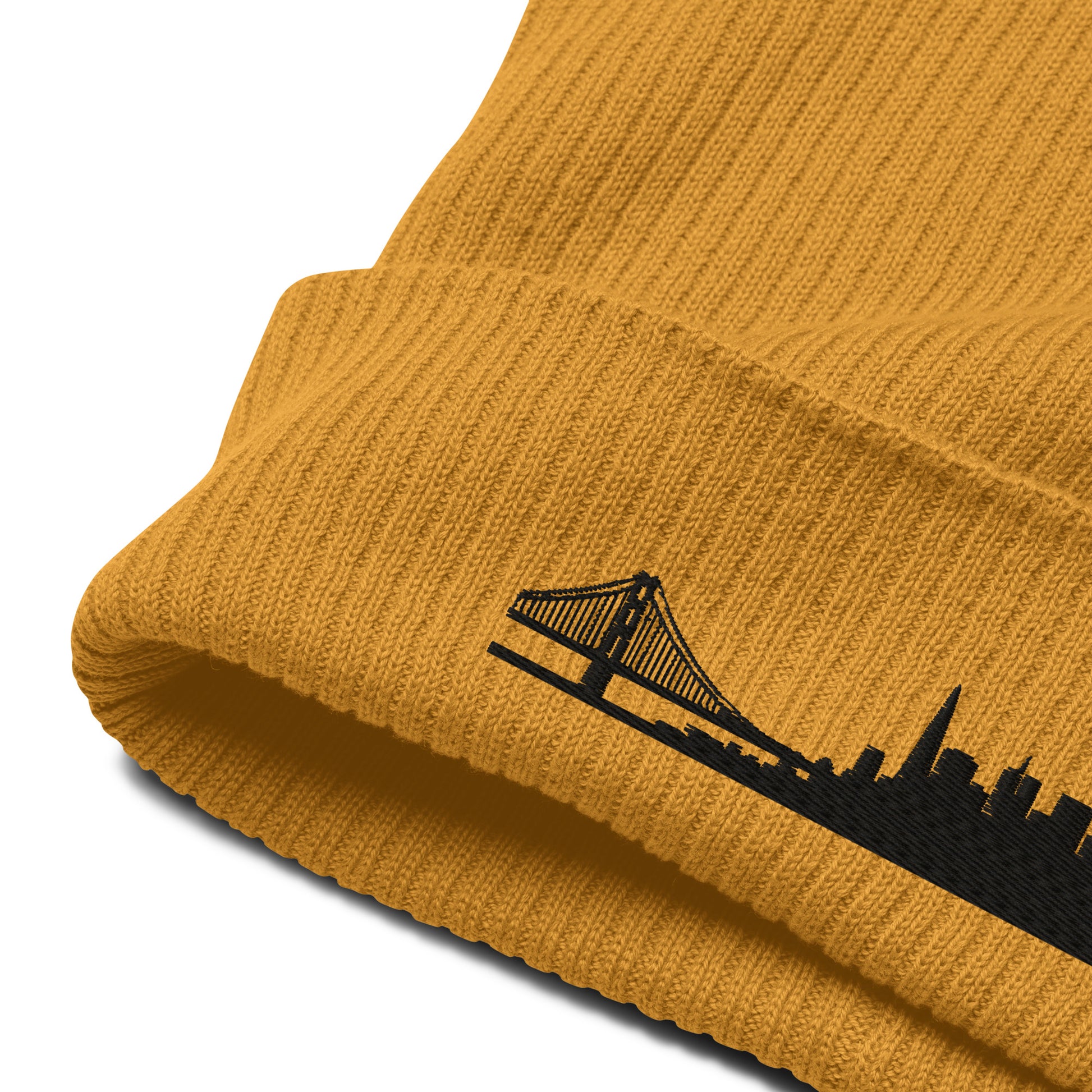 San Francisco Edition Organic Ribbed Beanie in mustard yellow with premium black embroidery | Our City | An Athlete Trains