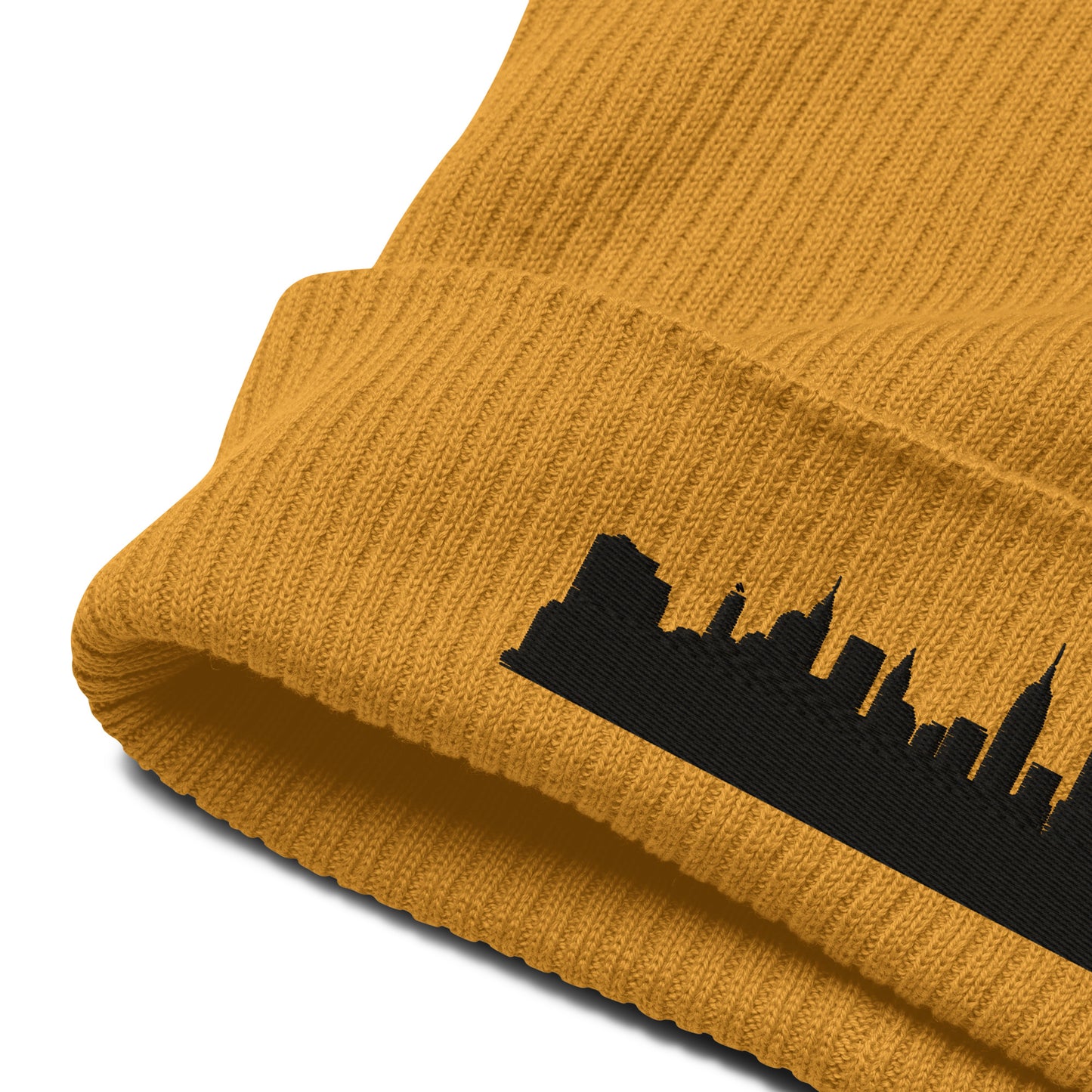 New York Edition Organic Ribbed Beanie in mustard yellow with premium black embroidery | Our City | An Athlete Trains