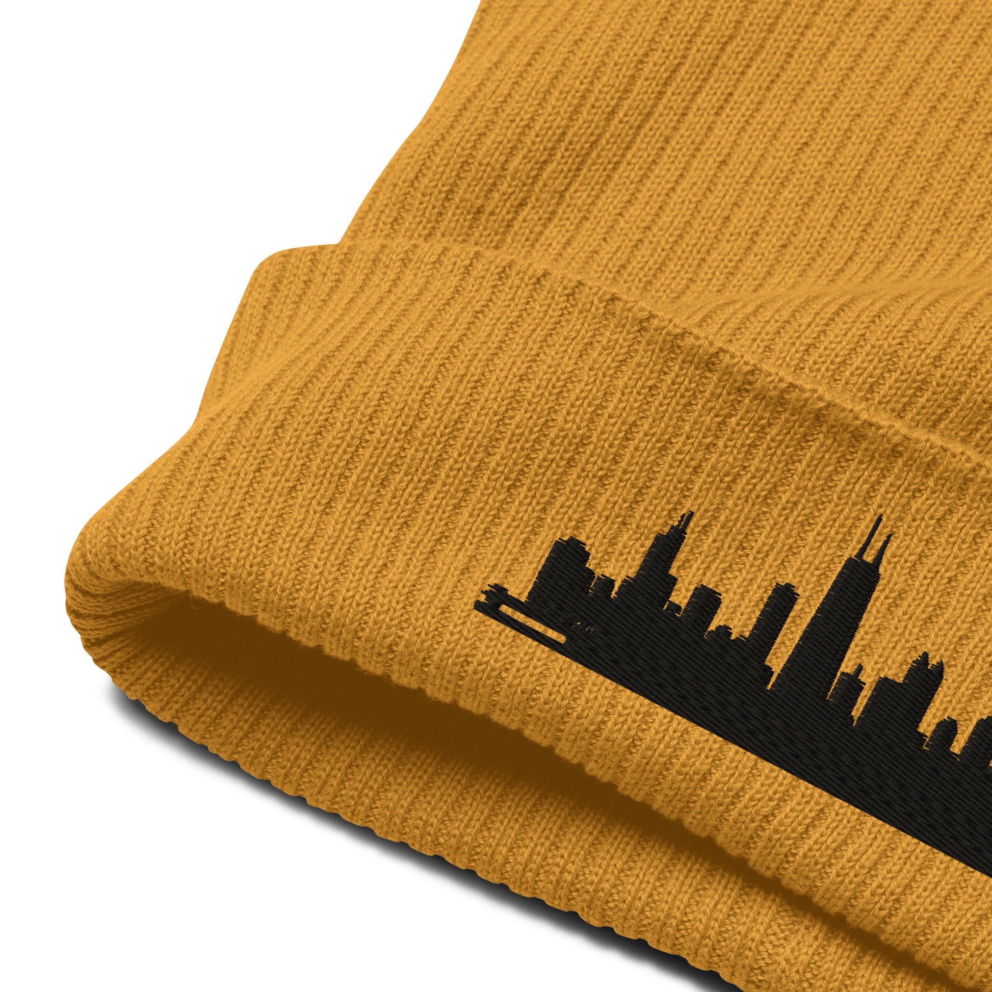 Chicago Edition Organic Ribbed Beanie in mustard yellow with premium black embroidery | Our City | An Athlete Trains