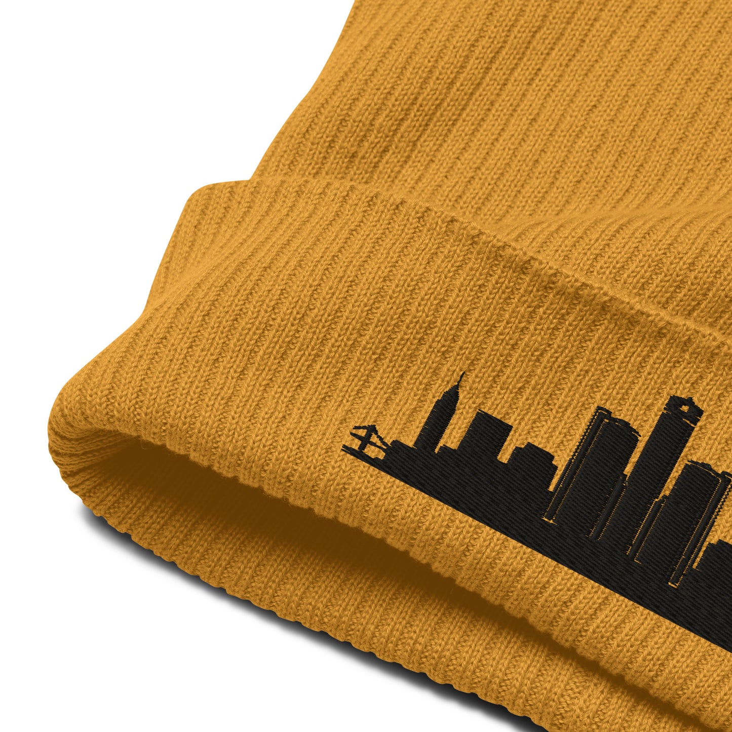 Detroit Edition Organic Ribbed Beanie in mustard yellow with premium black embroidery | Our City | An Athlete Trains