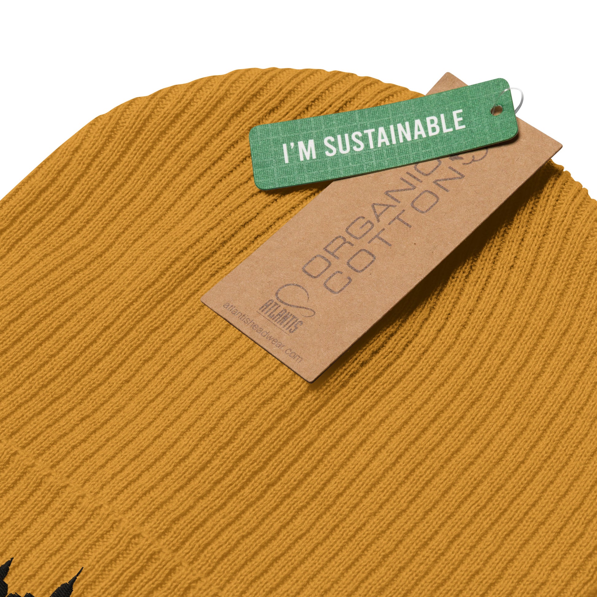 New York Edition Organic Ribbed Beanie in mustard yellow with premium black embroidery | Our City | An Athlete Trains