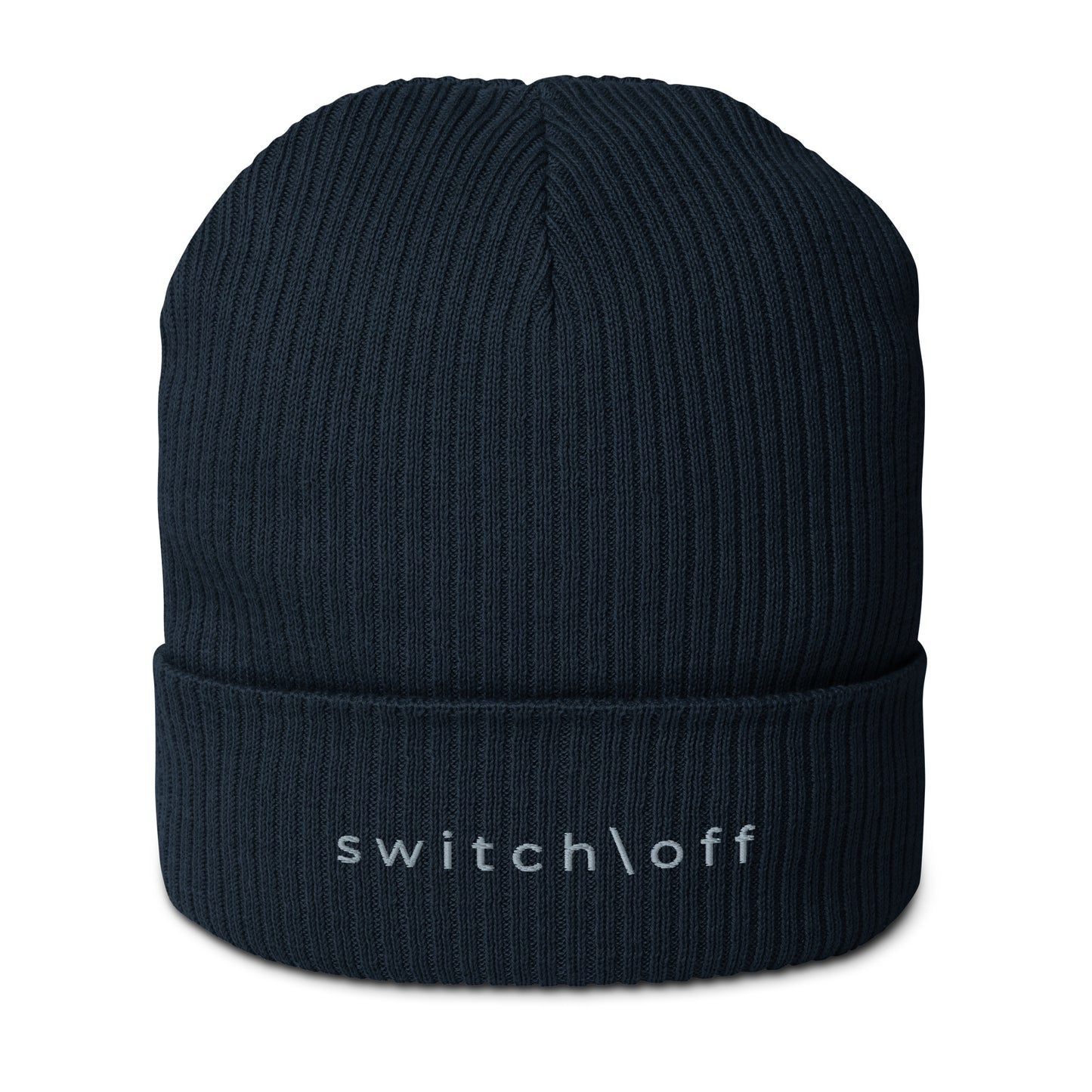 Organic cuffed ribbed beanie in navy with gray switch\off embroidery - An Athlete Trains recovery gear.