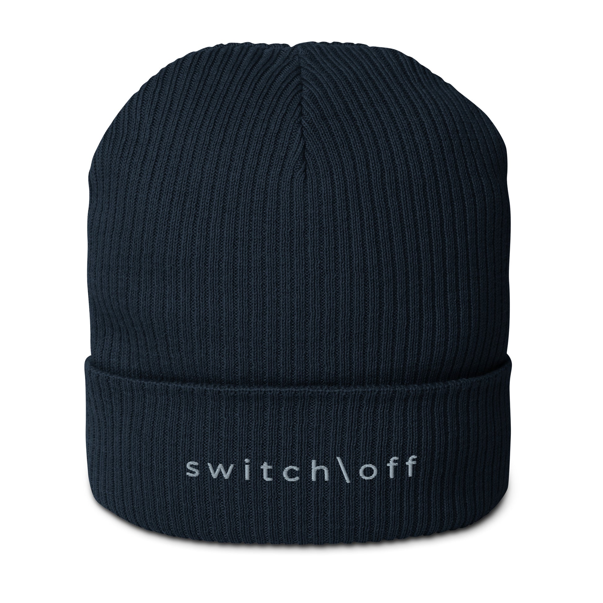 Organic cuffed ribbed beanie in navy with gray switch\off embroidery - An Athlete Trains recovery gear.