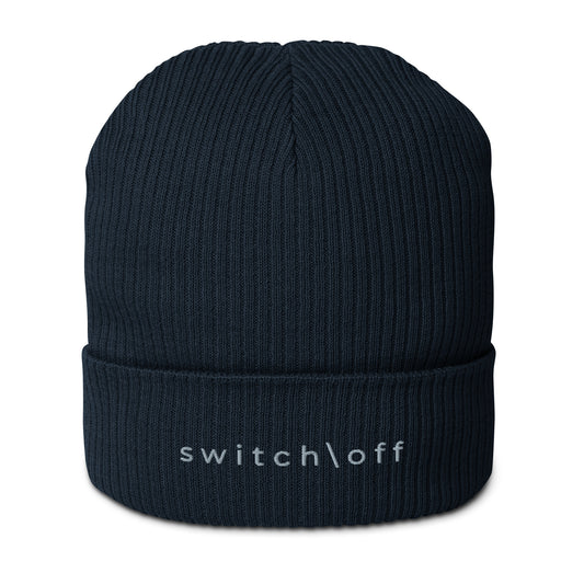Organic cuffed ribbed beanie in navy with gray switch\off embroidery - An Athlete Trains recovery gear.