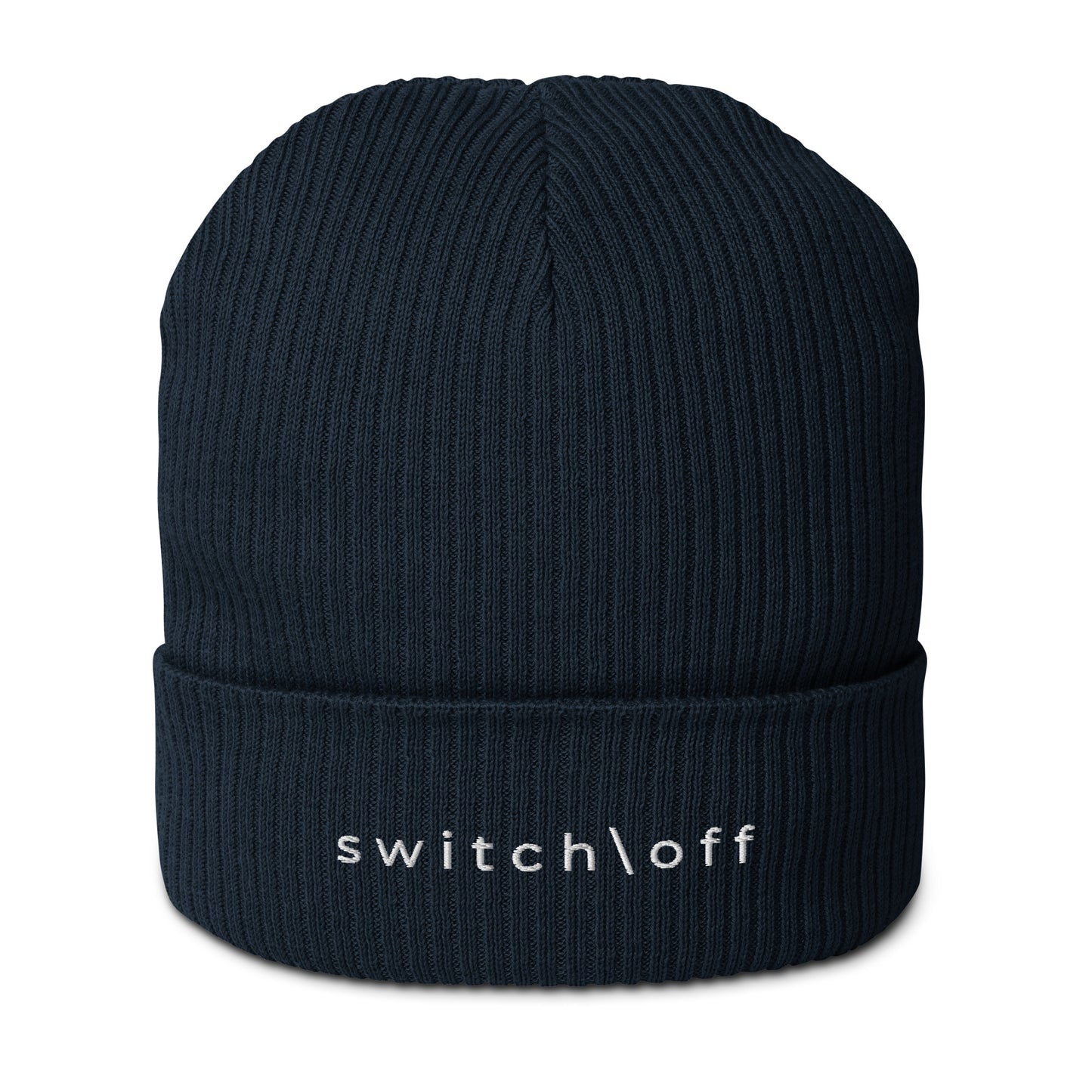 Organic cuffed ribbed beanie in navy with white switch\off embroidery - An Athlete Trains recovery gear.