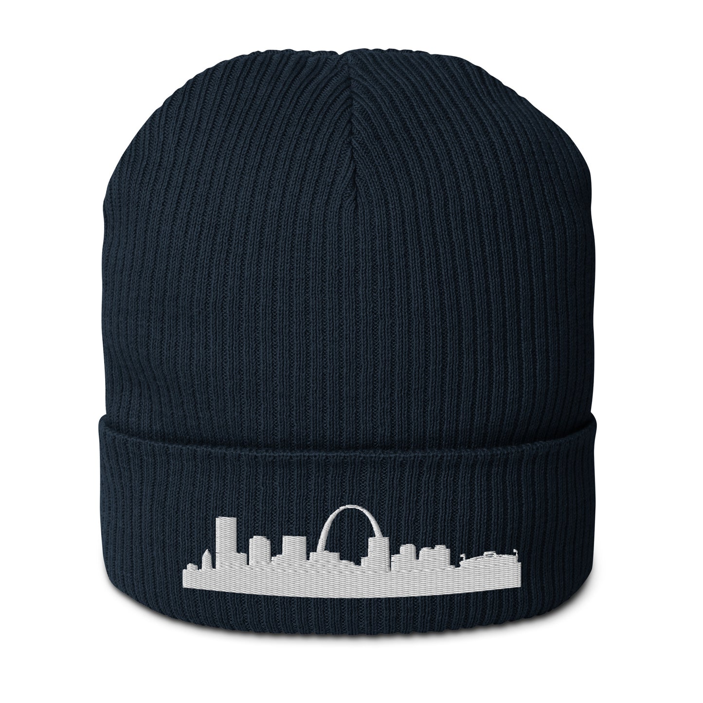 St. Louis Edition Organic Ribbed Beanie in navy with premium white embroidery | Our City | An Athlete Trains