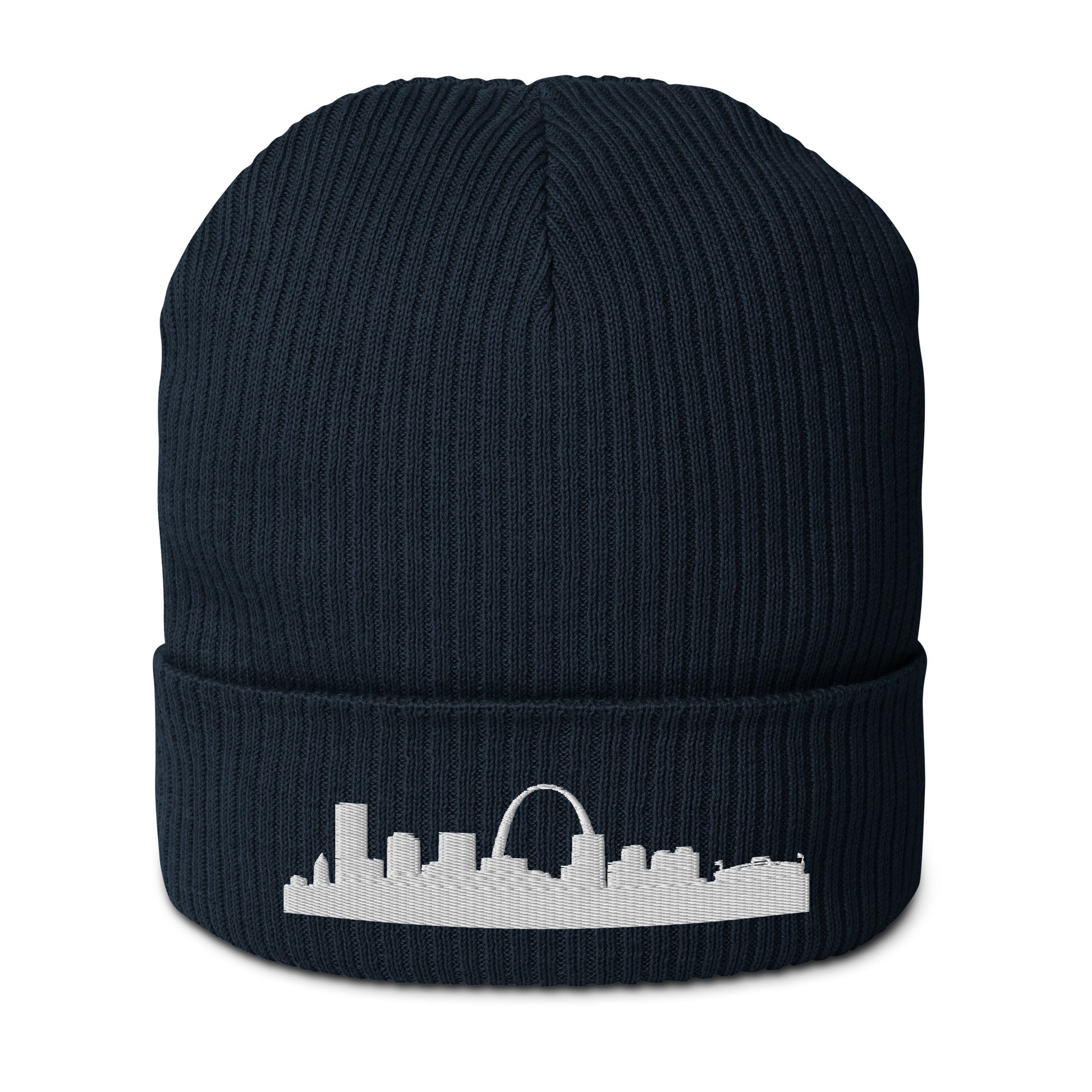 St. Louis Edition Organic Ribbed Beanie in navy with premium white embroidery | Our City | An Athlete Trains