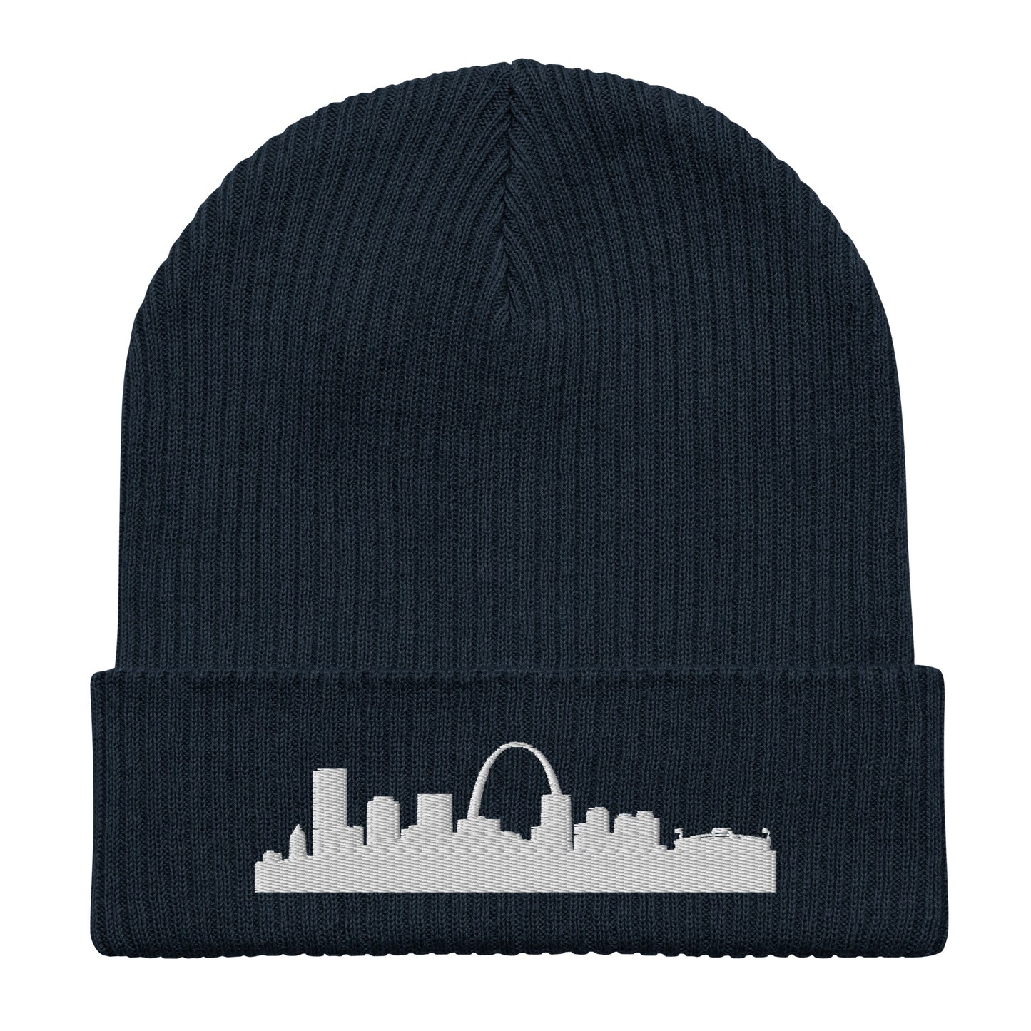 St. Louis Edition Organic Ribbed Beanie in navy with premium white embroidery | Our City | An Athlete Trains
