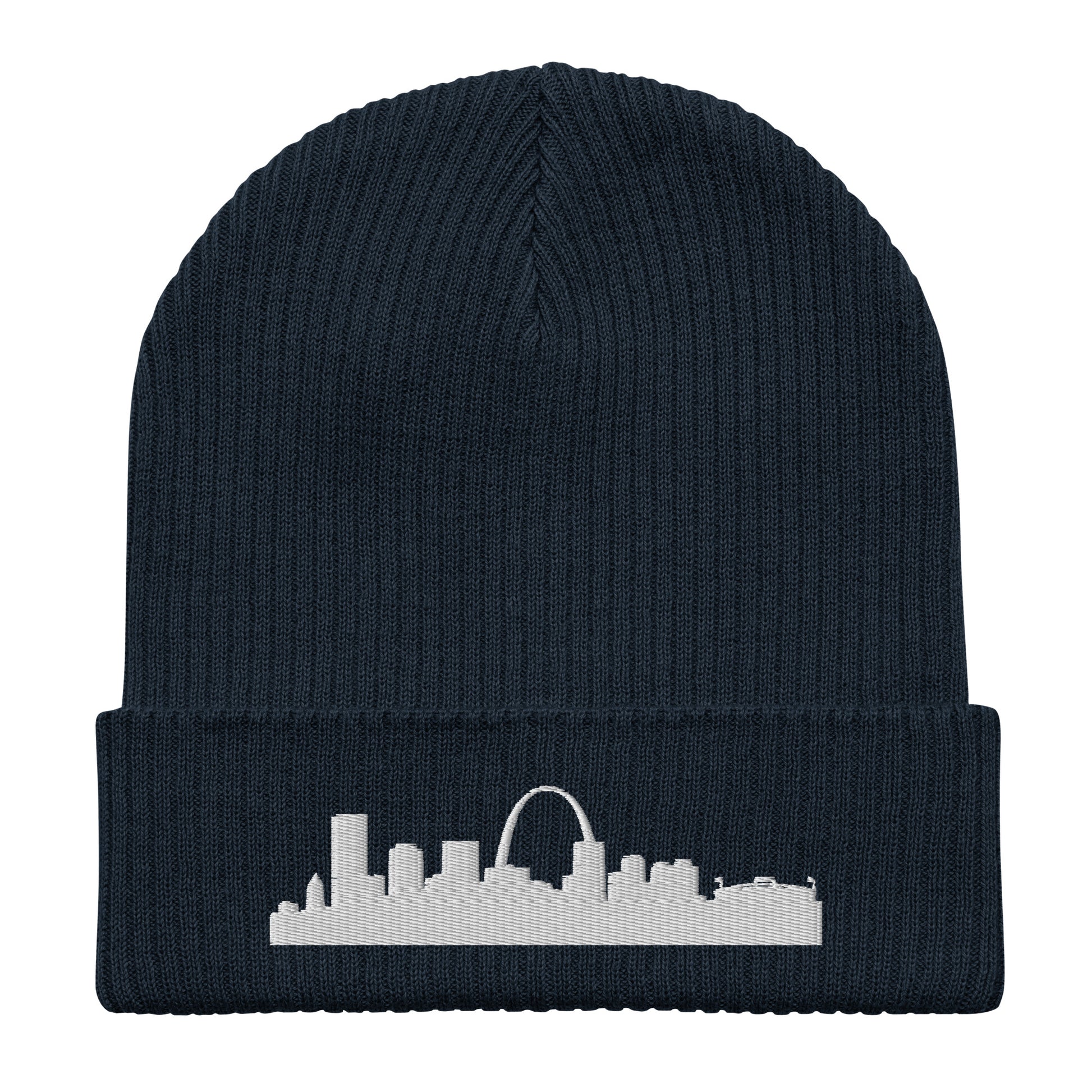 St. Louis Edition Organic Ribbed Beanie in navy with premium white embroidery | Our City | An Athlete Trains