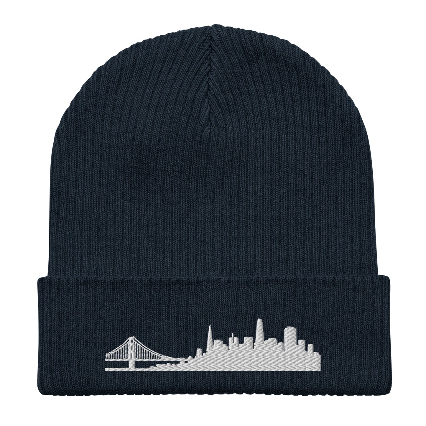 San Francisco Edition Organic Ribbed Beanie in navy with premium white embroidery | Our City | An Athlete Trains
