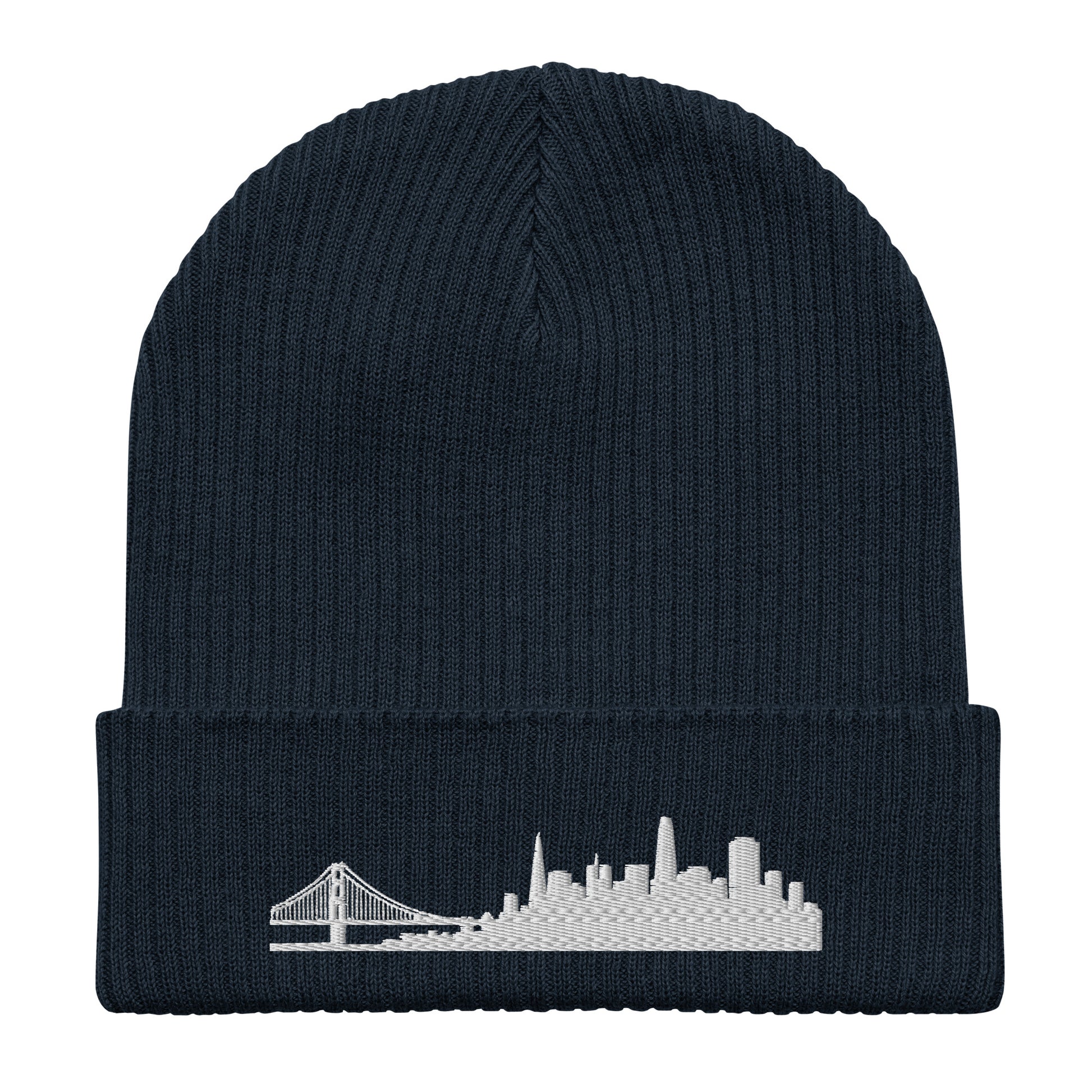 San Francisco Edition Organic Ribbed Beanie in navy with premium white embroidery | Our City | An Athlete Trains