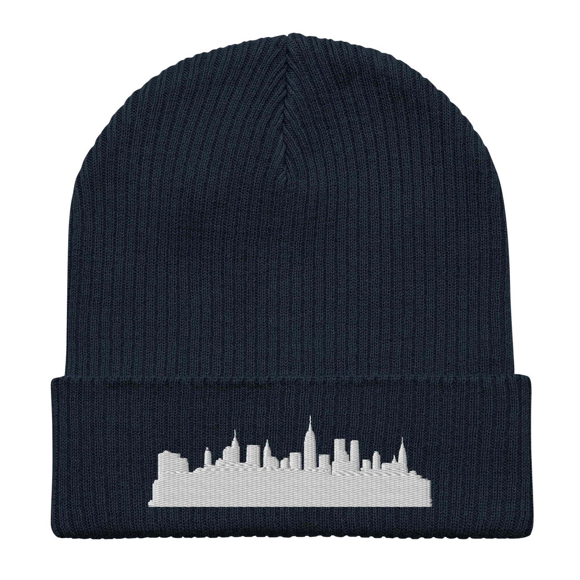 New York Edition Organic Ribbed Beanie in navy with premium white embroidery | Our City | An Athlete Trains