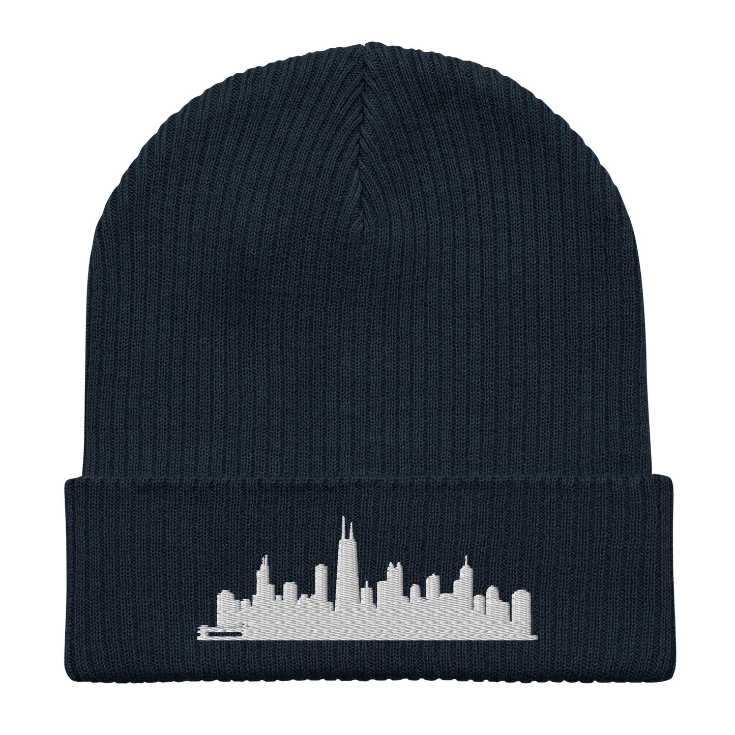 Chicago Edition Organic Ribbed Beanie in navy with premium white embroidery | Our City | An Athlete Trains