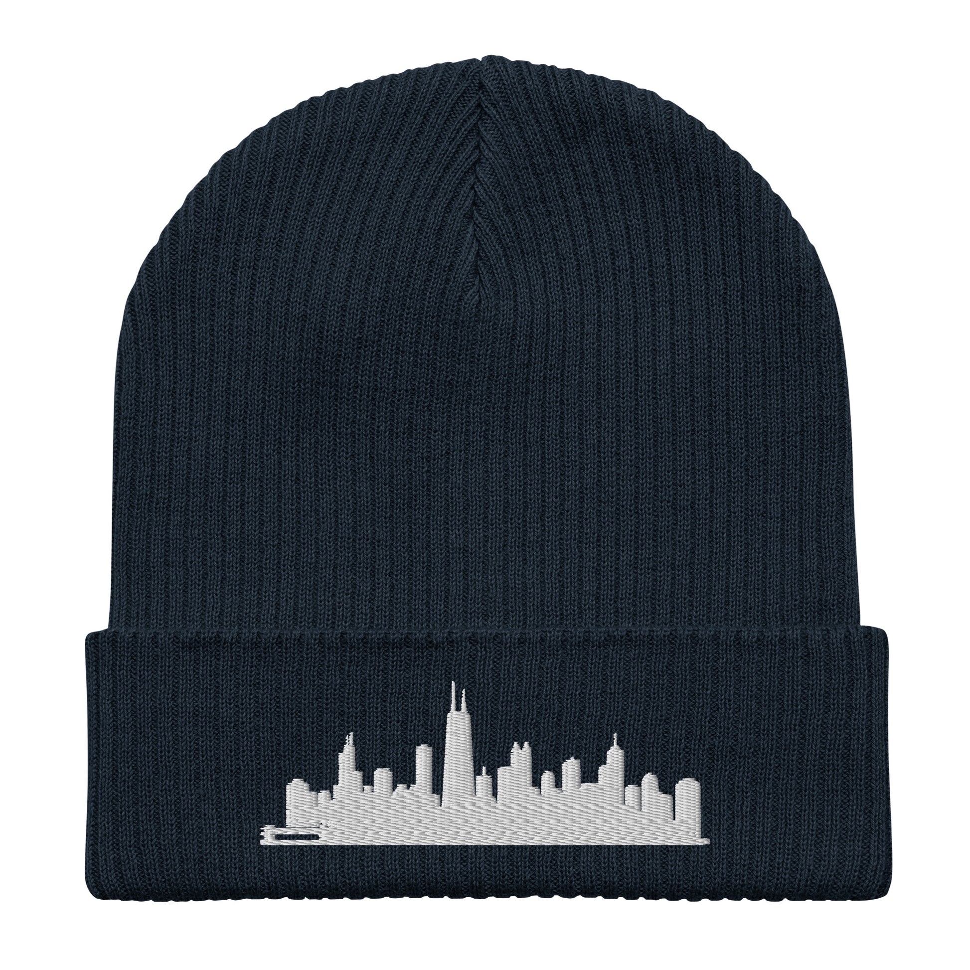 Chicago Edition Organic Ribbed Beanie in navy with premium white embroidery | Our City | An Athlete Trains