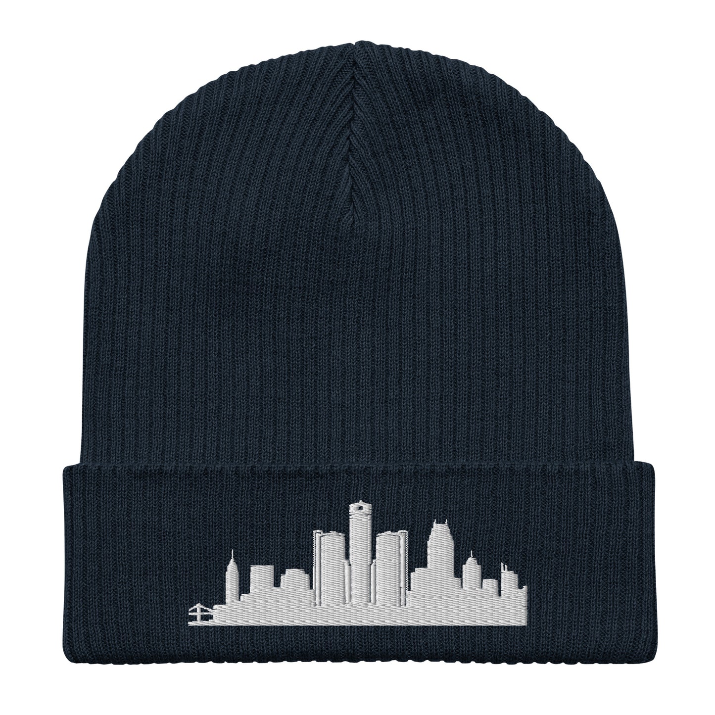 Detroit Edition Organic Ribbed Beanie in navy with premium white embroidery | Our City | An Athlete Trains