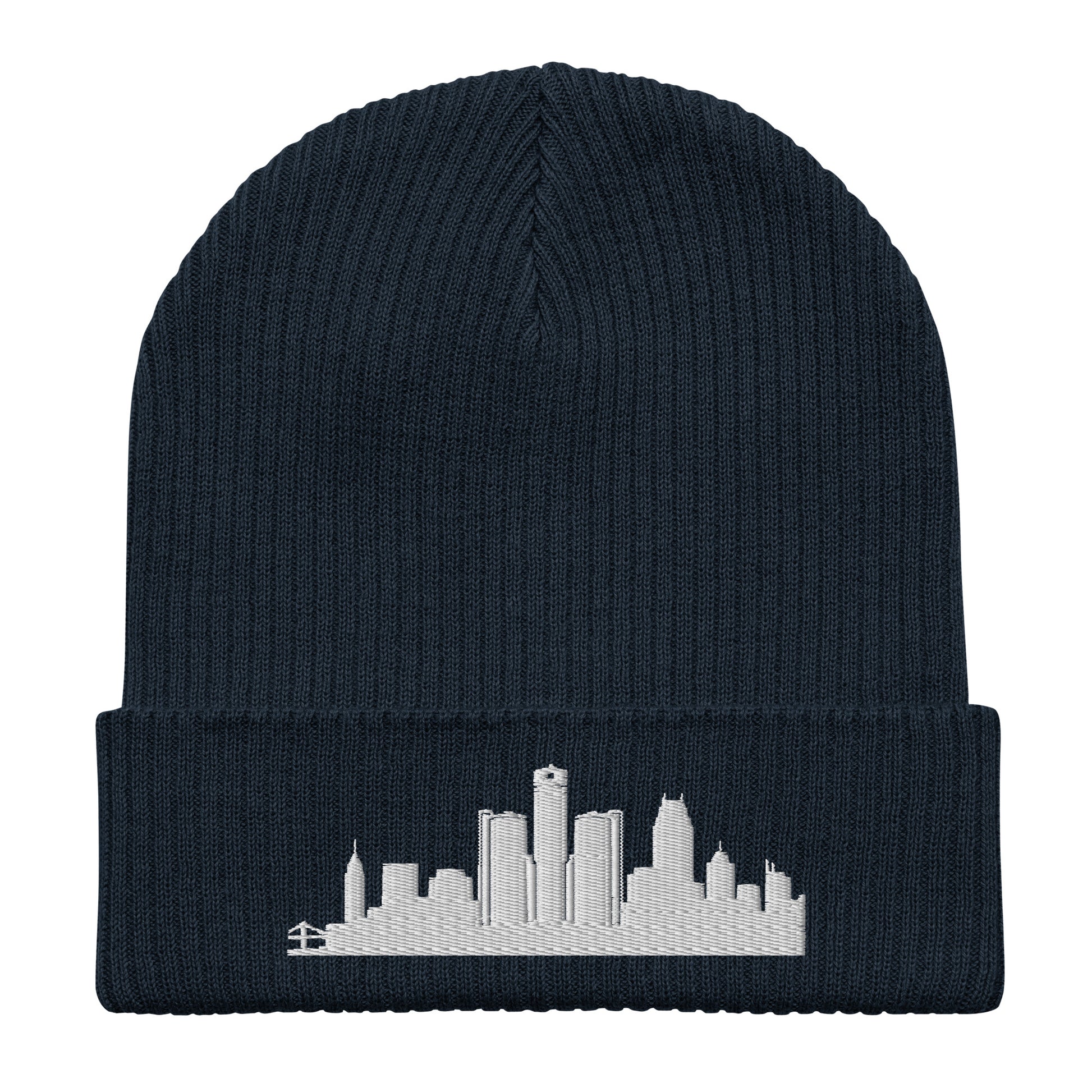 Detroit Edition Organic Ribbed Beanie in navy with premium white embroidery | Our City | An Athlete Trains