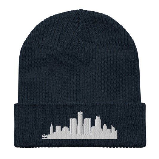 Detroit Edition Organic Ribbed Beanie in navy with premium white embroidery | Our City | An Athlete Trains