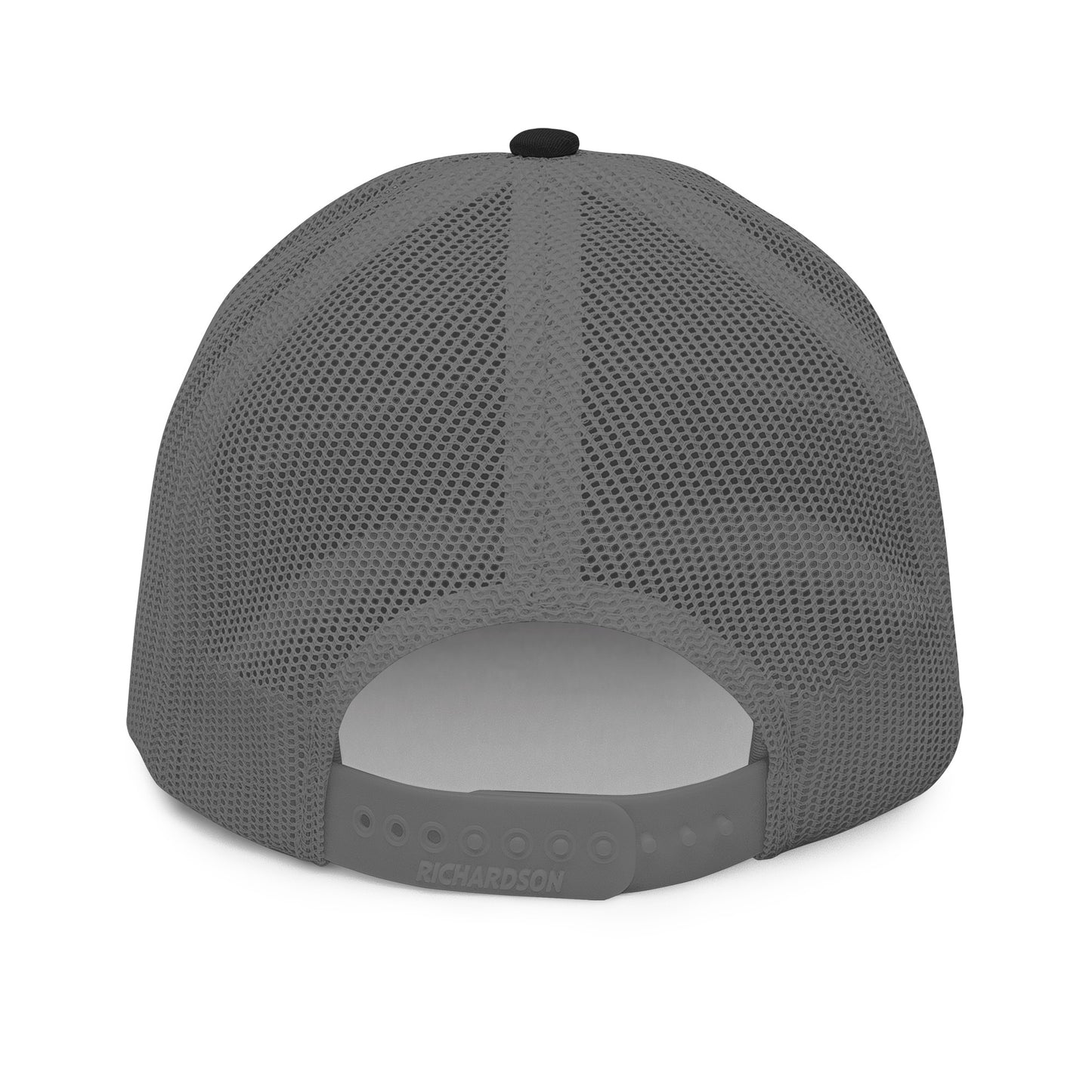 An Athlete Trains structured 6-panel, mid-profile trucker cap is 60% cotton, 40% polyester, 100% polyester mesh back. Pre-curved contrast stitched visor, underbill matches visor color and adjustable plastic snapback