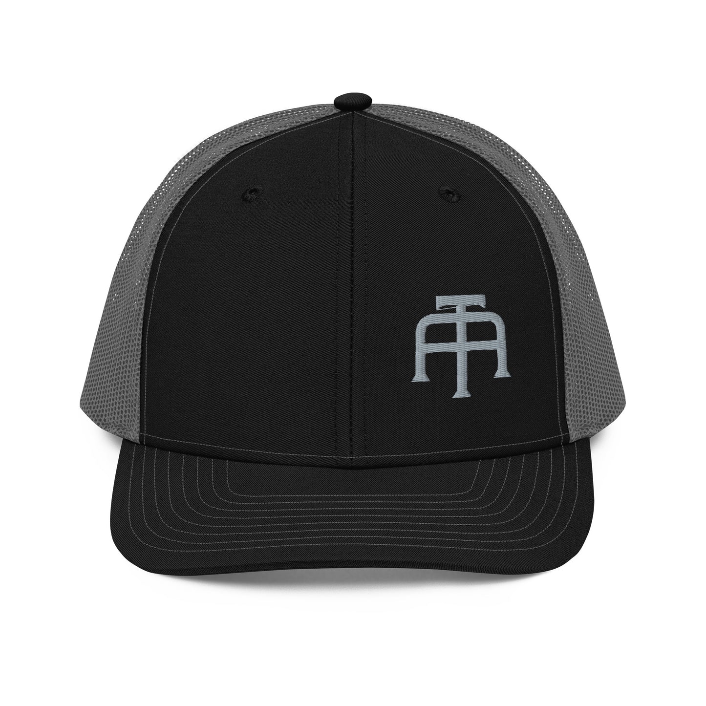 An Athlete Trains structured 6-panel, mid-profile trucker cap is 60% cotton, 40% polyester, 100% polyester mesh back. Pre-curved contrast stitched visor, underbill matches visor color and adjustable plastic snapback