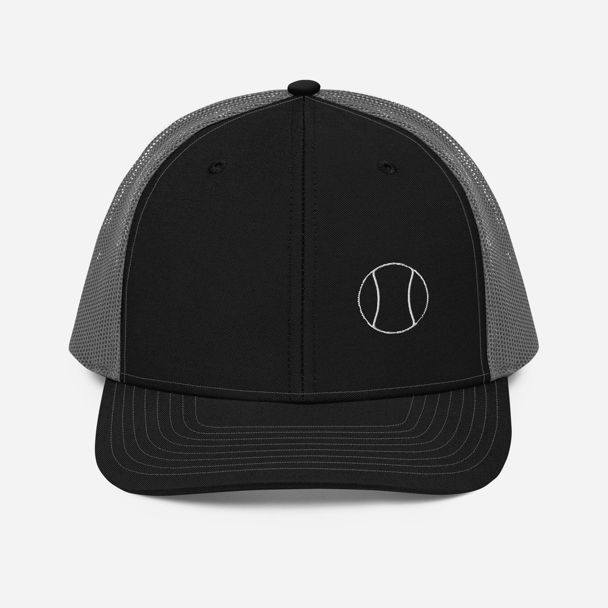 Tennis Edition trucker cap in black and charcoal with structured front and breathable mesh back — Our Game collection by An Athlete Trains