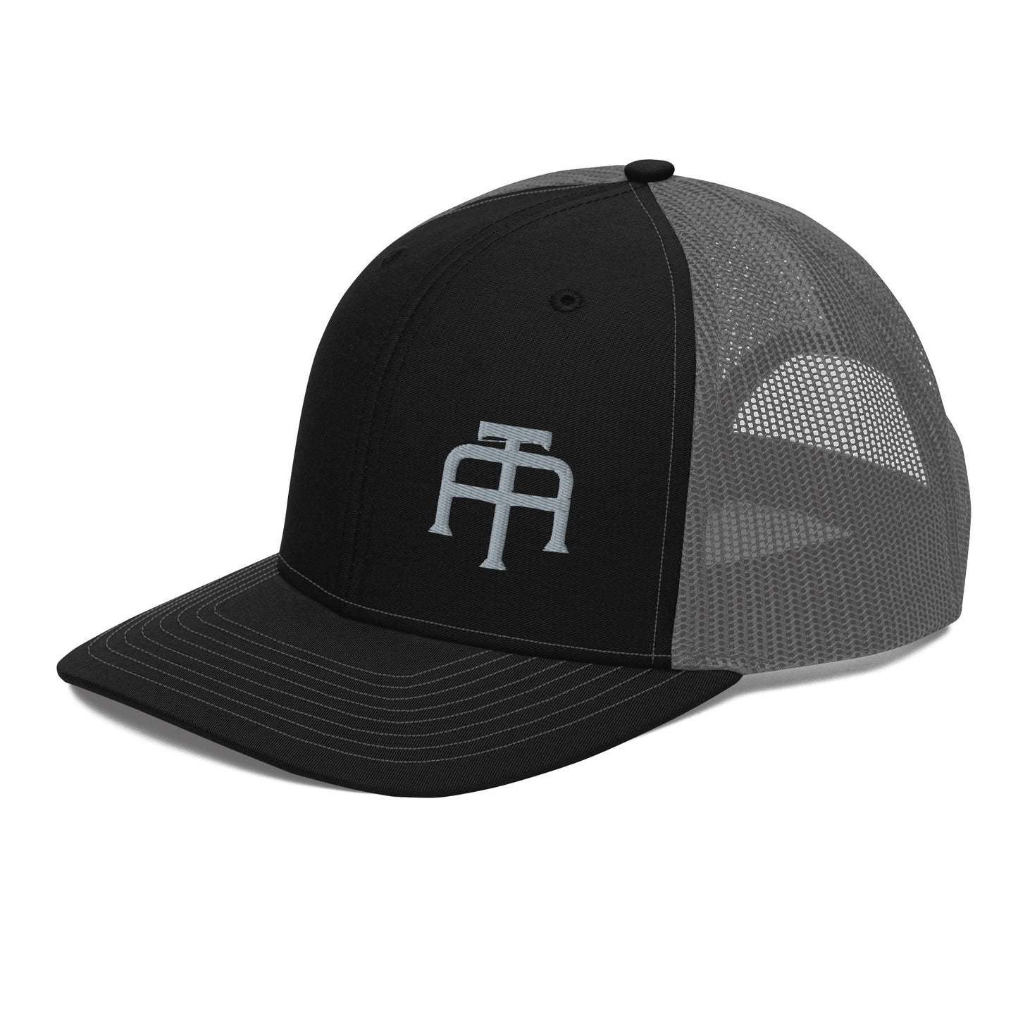 An Athlete Trains structured 6-panel, mid-profile trucker cap is 60% cotton, 40% polyester, 100% polyester mesh back. Pre-curved contrast stitched visor, underbill matches visor color and adjustable plastic snapback