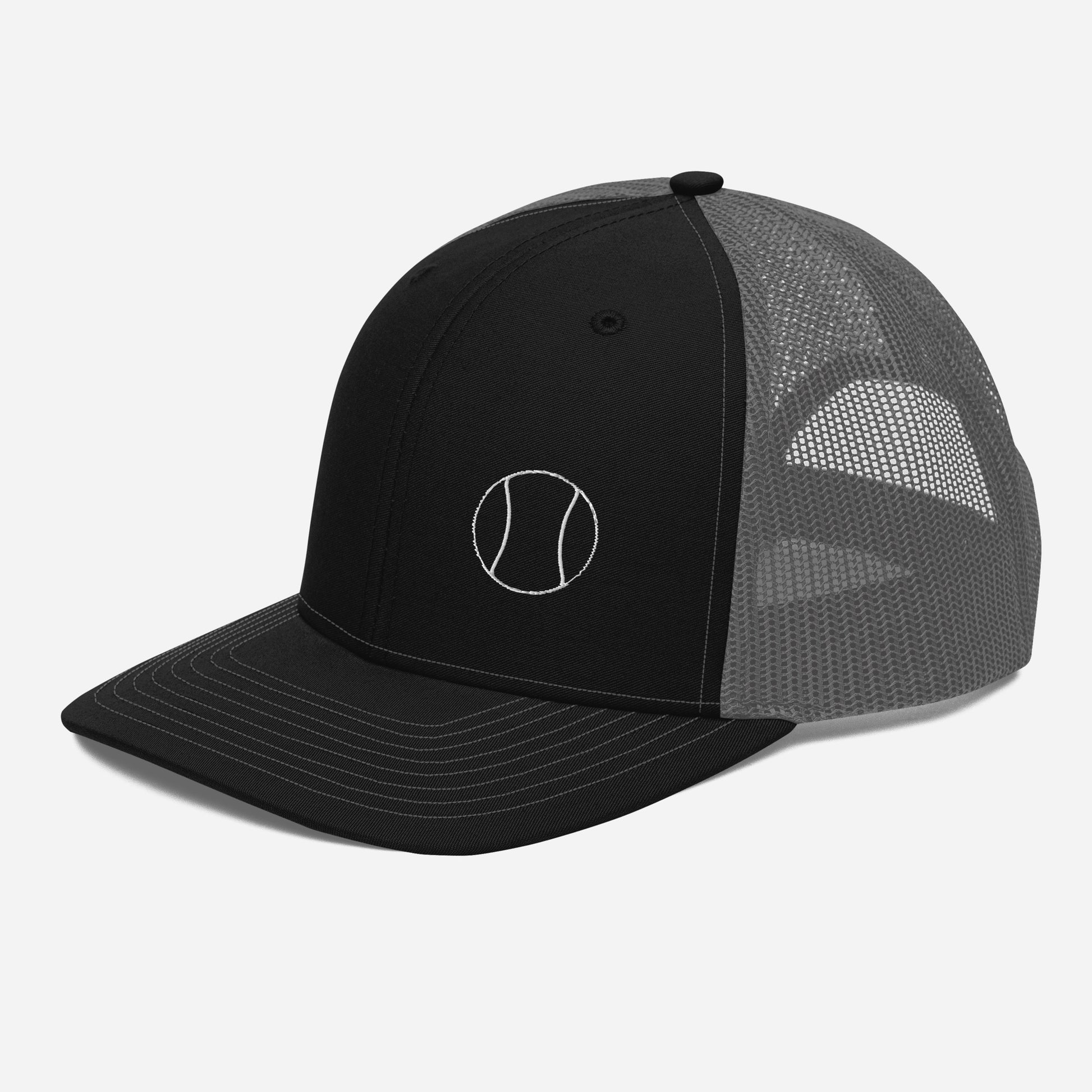 Tennis Edition trucker cap in black and charcoal with structured front and breathable mesh back — Our Game collection by An Athlete Trains