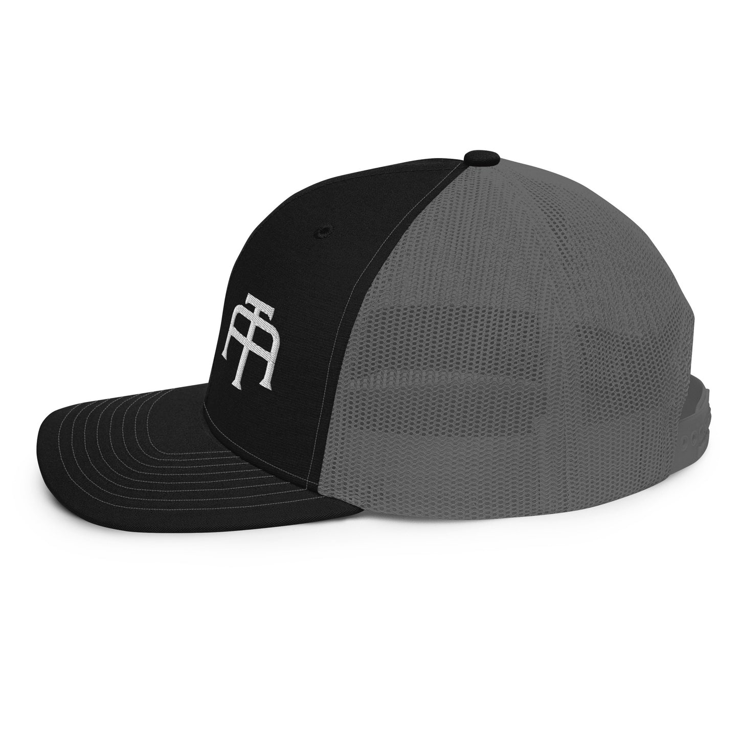 An Athlete Trains structured 6-panel, mid-profile trucker cap is 60% cotton, 40% polyester, 100% polyester mesh back. Pre-curved contrast stitched visor, underbill matches visor color and adjustable plastic snapback