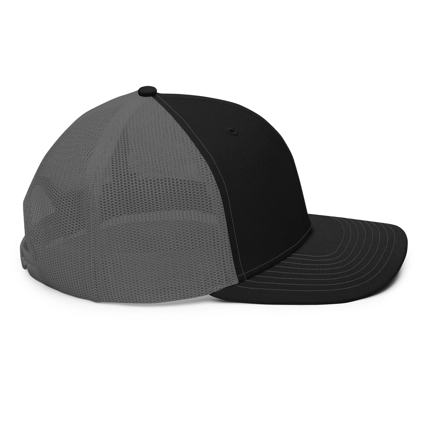 An Athlete Trains structured 6-panel, mid-profile trucker cap is 60% cotton, 40% polyester, 100% polyester mesh back. Pre-curved contrast stitched visor, underbill matches visor color and adjustable plastic snapback